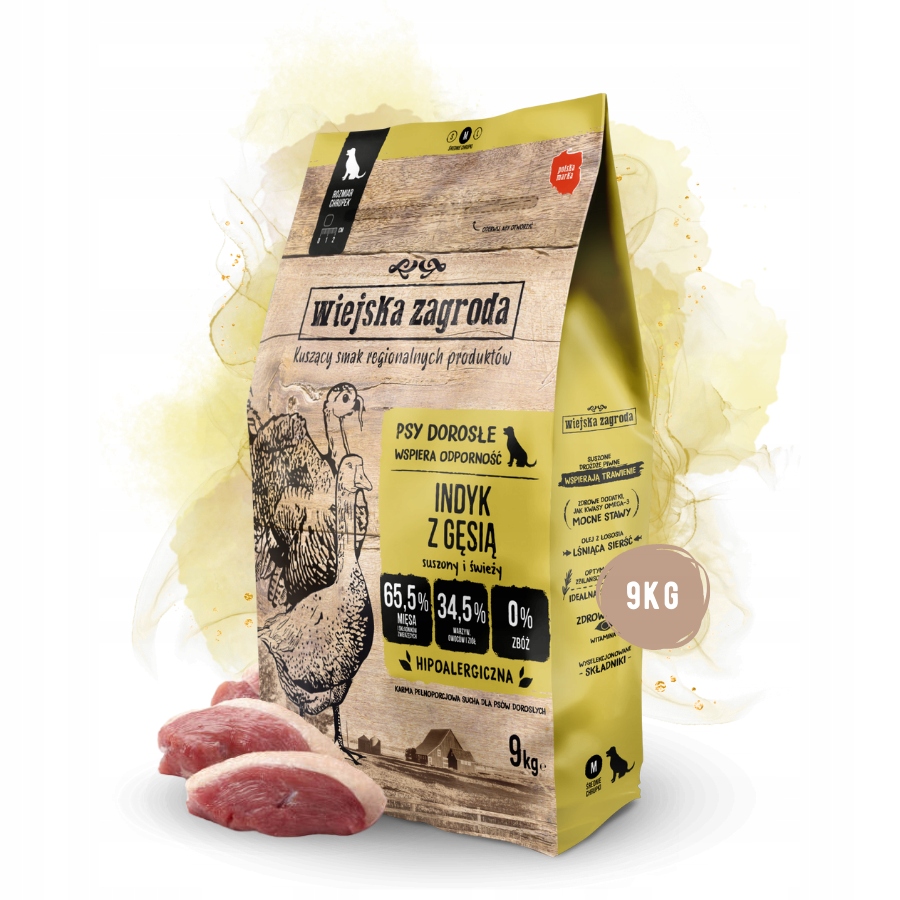 Levně Wiejska Zagroda Krmivo suché pro psa Krůta Husa Zelenina Střední plemena M 9 kg