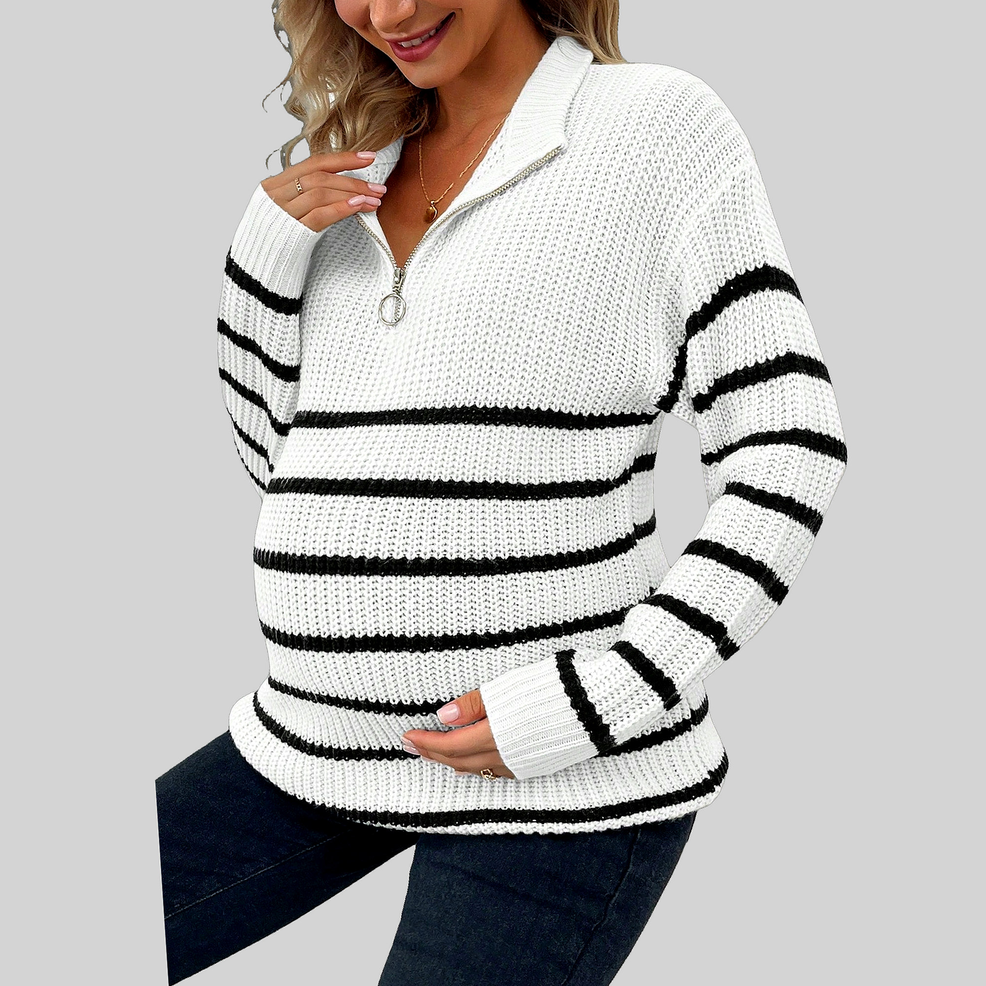Těhotenský Svetr s proužky a rozepínacím výstřihem Ecru Casual Shein S 36