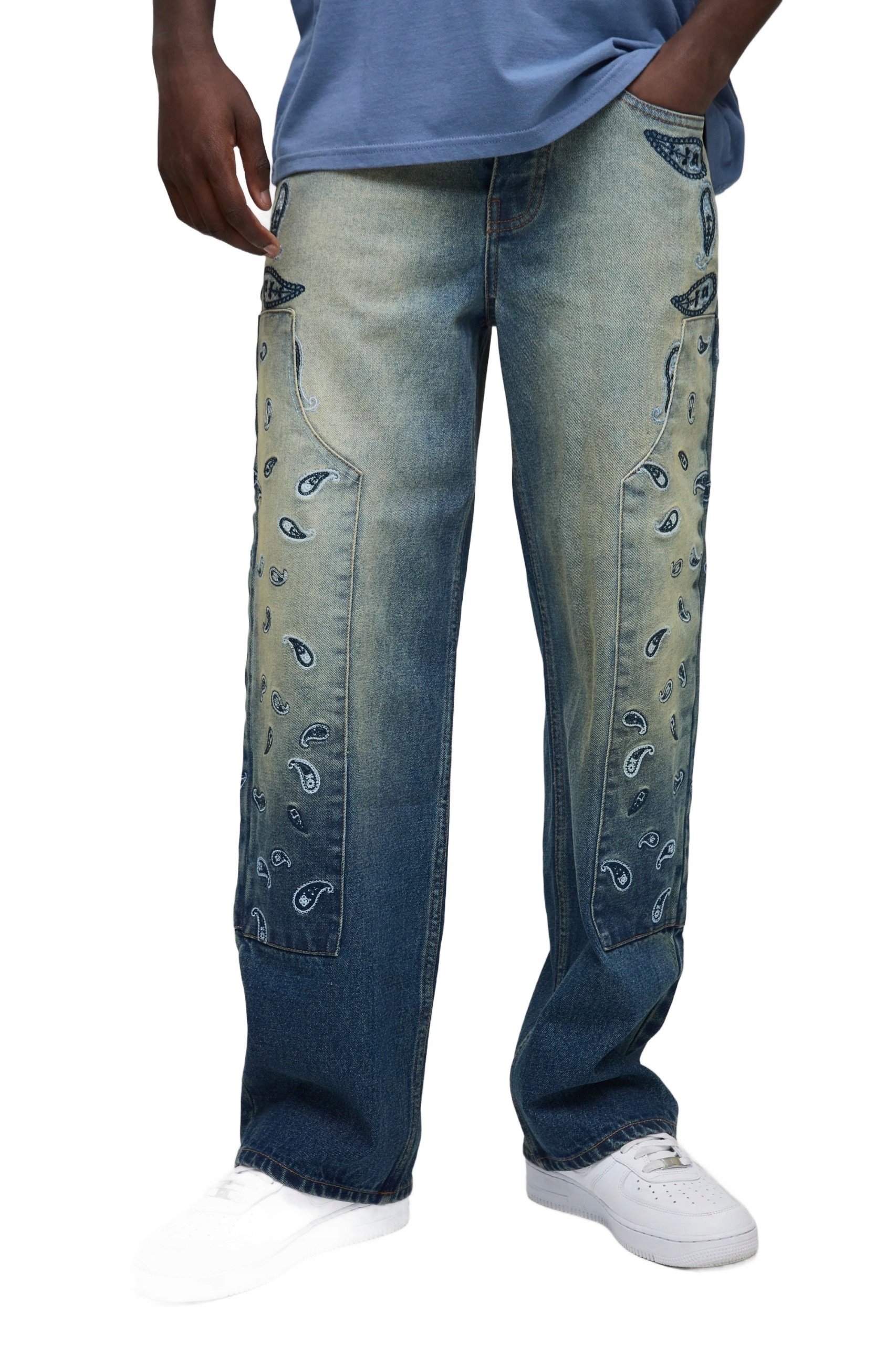 Boohooman Pánské Džíny Jednoduché Modré S Výšivkou Paisley 30 Z3A