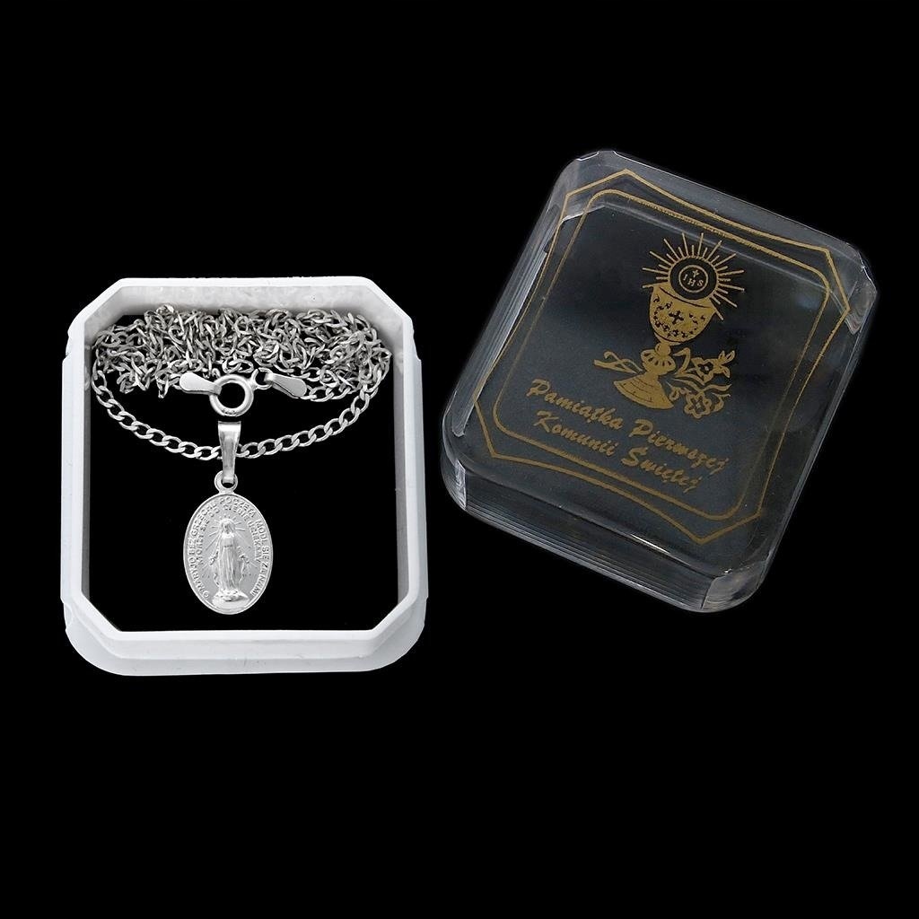 SREBRNY ŁAŃCUSZEK KOMUNIJNY I CUDOWNY MEDALIK 70CM Stan opakowania oryginalne