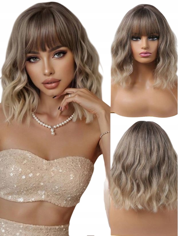 Peruka Damska Blond Ombre Popielaty Falowane z Grzywką Włosy Jak Naturalne