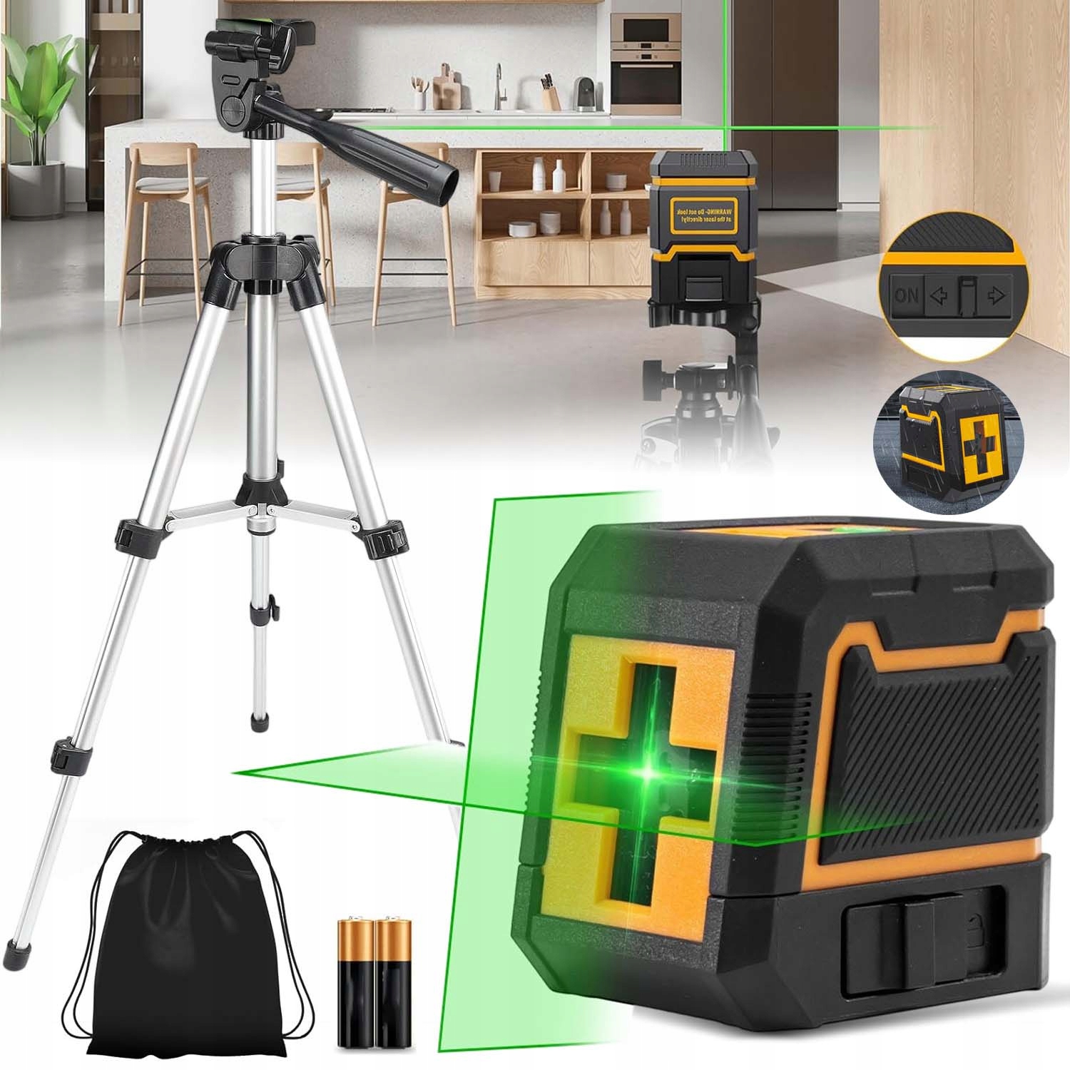 Laser Křížový Laserová Vodováha 4D Rovinná Zelená Stativ Akumulátor