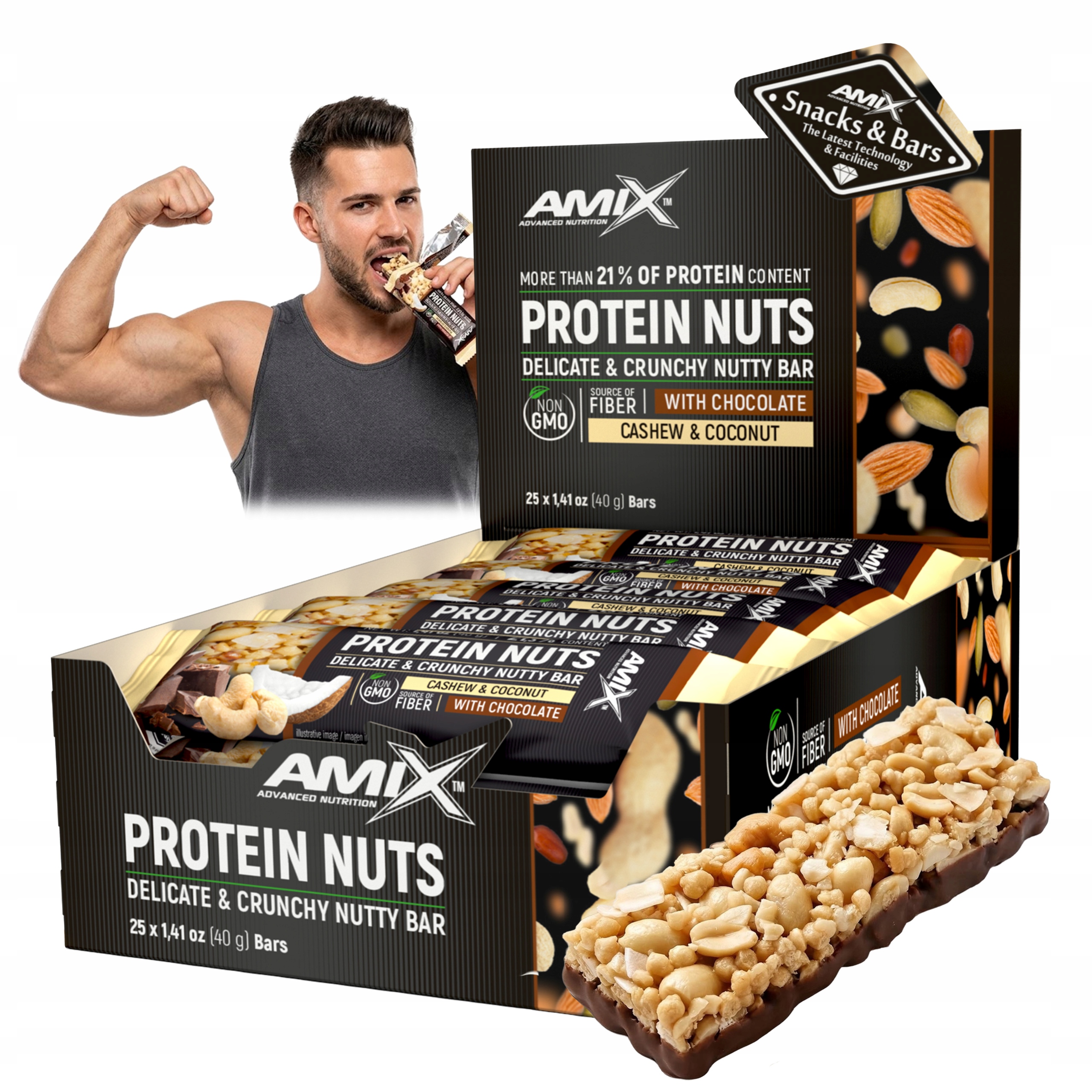 Batoniki Kokosowe nerkowce i czekolada Baton z nerkowcami Proteinowy 21%