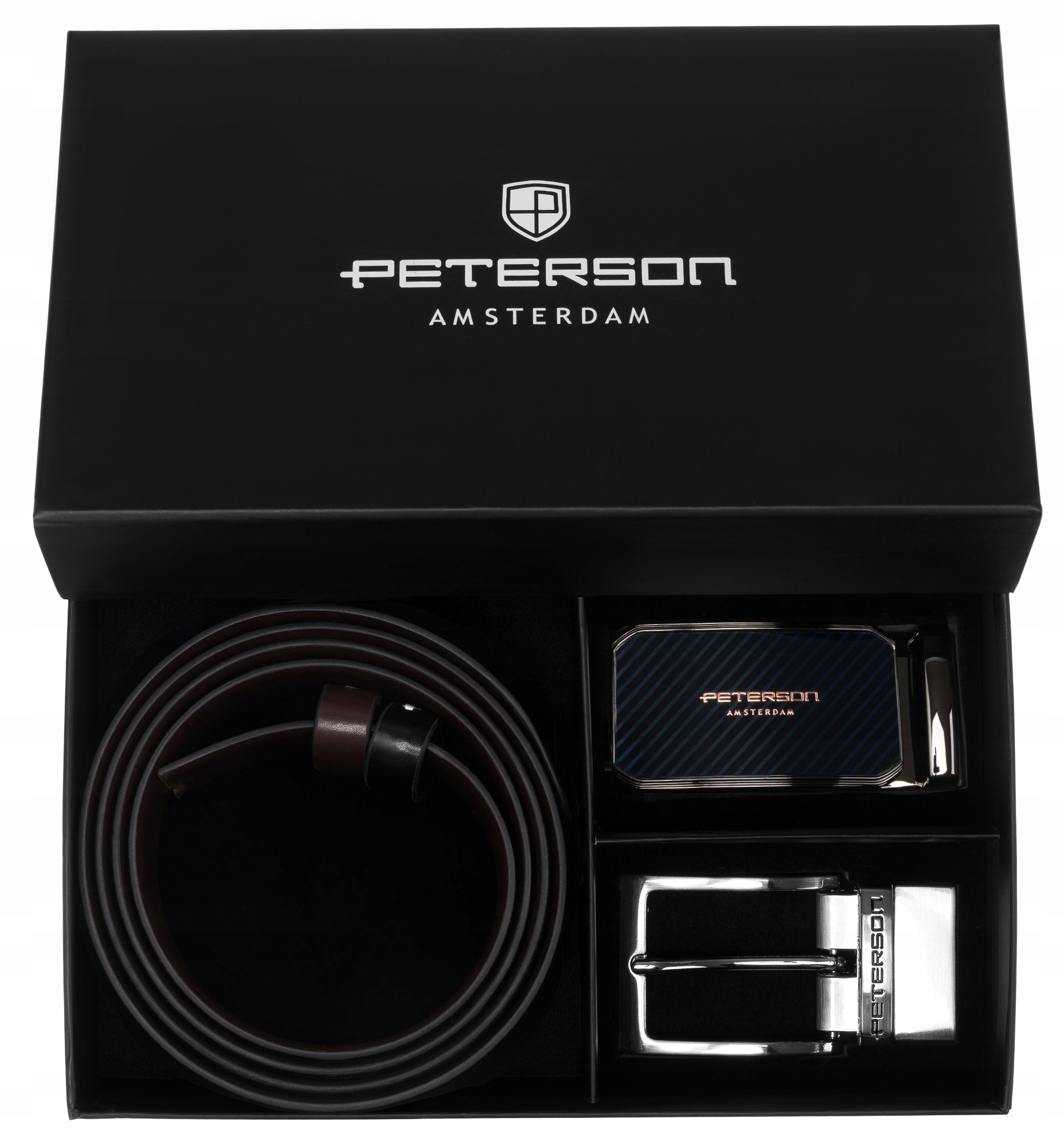 Zestaw pasek męski do spodni skórzany Peterson dwustronny klamry wymienne