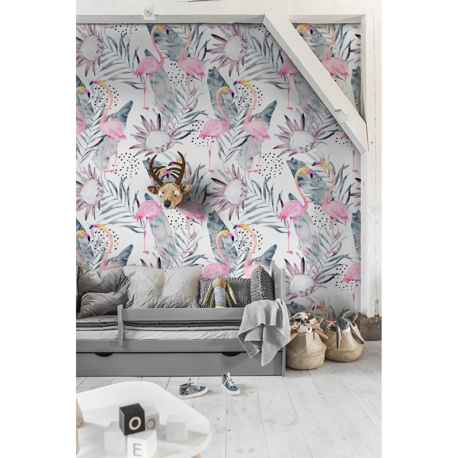 

Tapeta na ścianę Flamingi z liśćmi retro 208x146cm