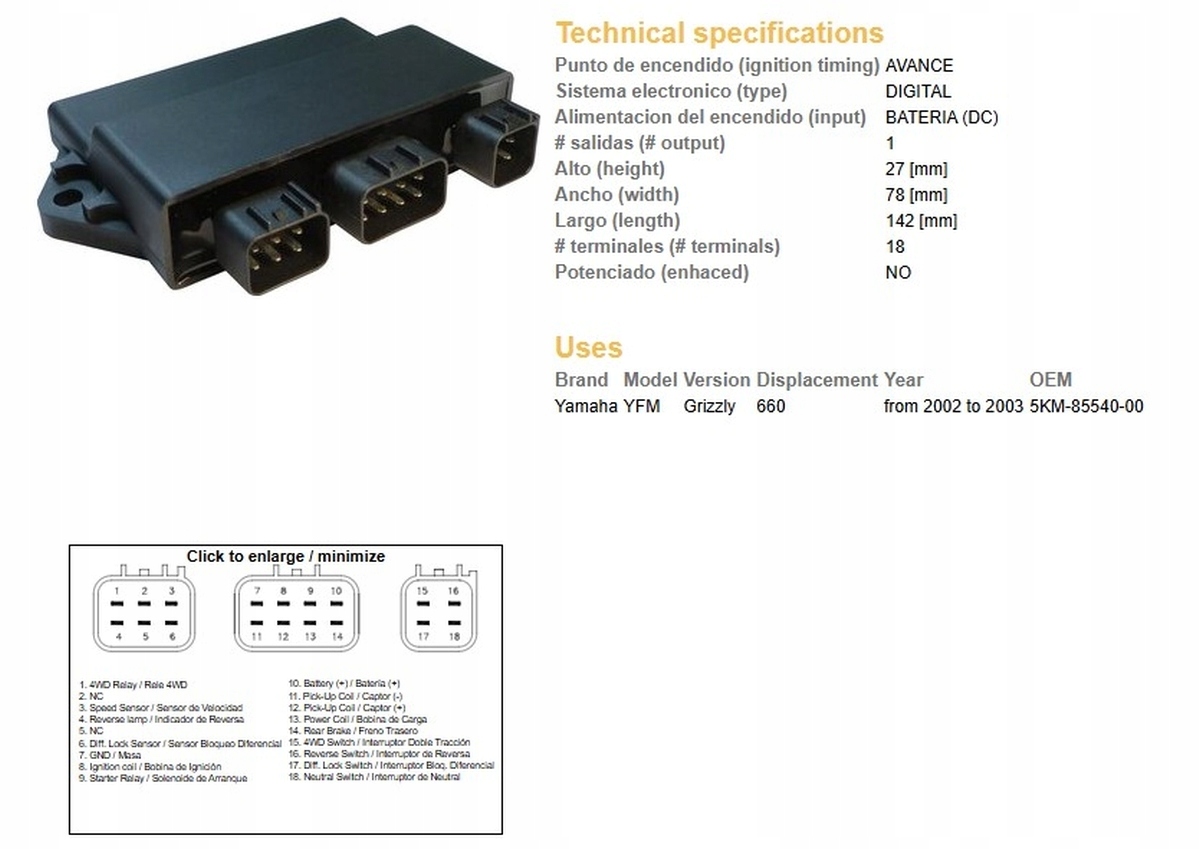 Modul Zapaľovania CDI Yamaha Yfm 660 Grizzly '02-'03 (OEM:5KM-85540-00) ()