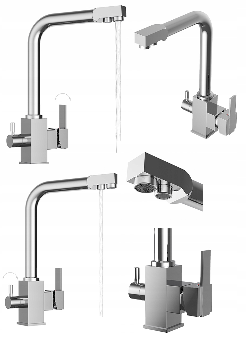 Trojcestná kuchynská batéria pre vodný filter, kohútik Node, chróm, výtokový filter