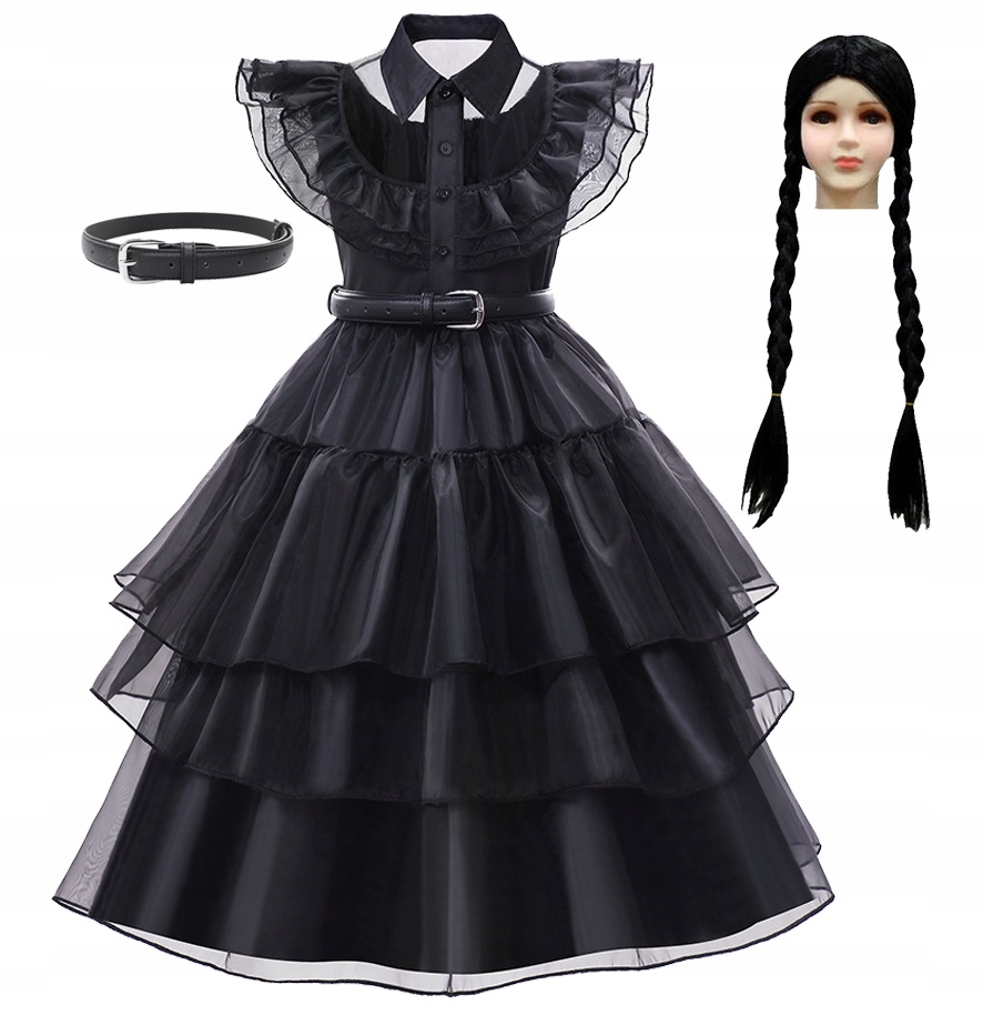 Strój Wednesday Addams 120 130 sukienka peruka pas