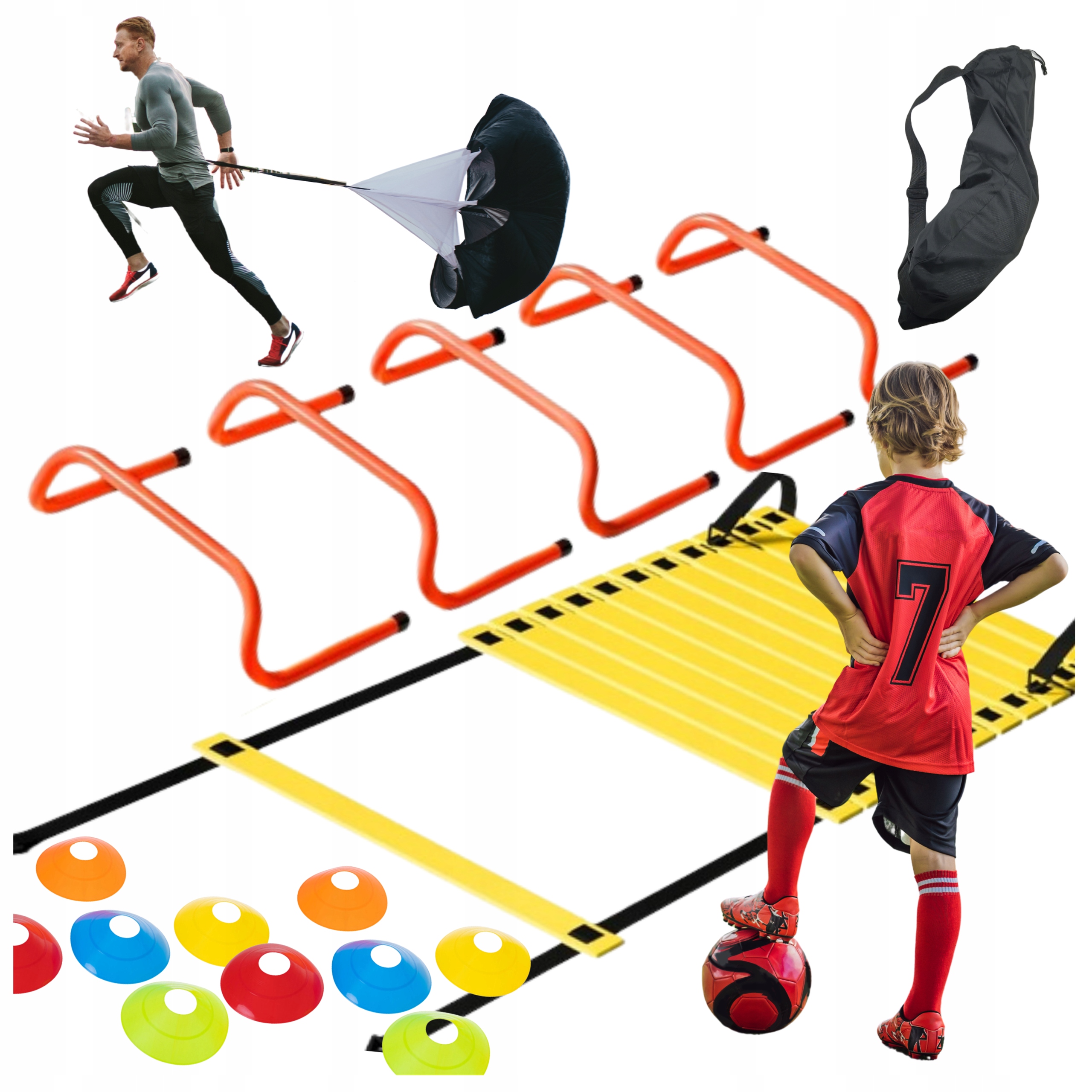 Zestaw Piłkarski Drabinka Płotki Spadochron Pachołki do treningu
