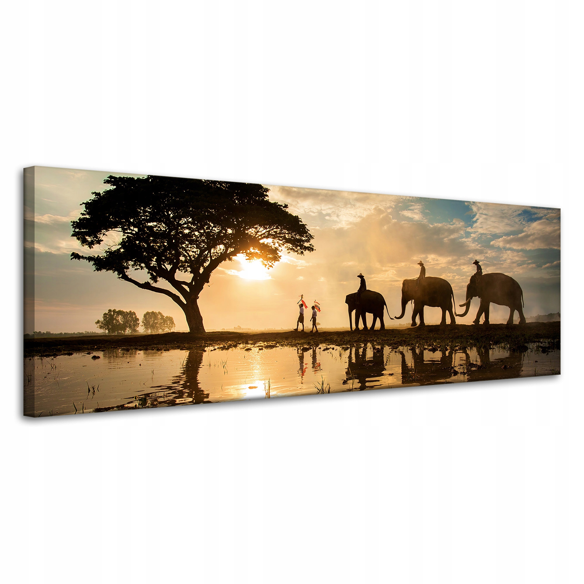 Obraz na plátně Lidé na slonech Západ slunce Afrika Savana 120x40 cm