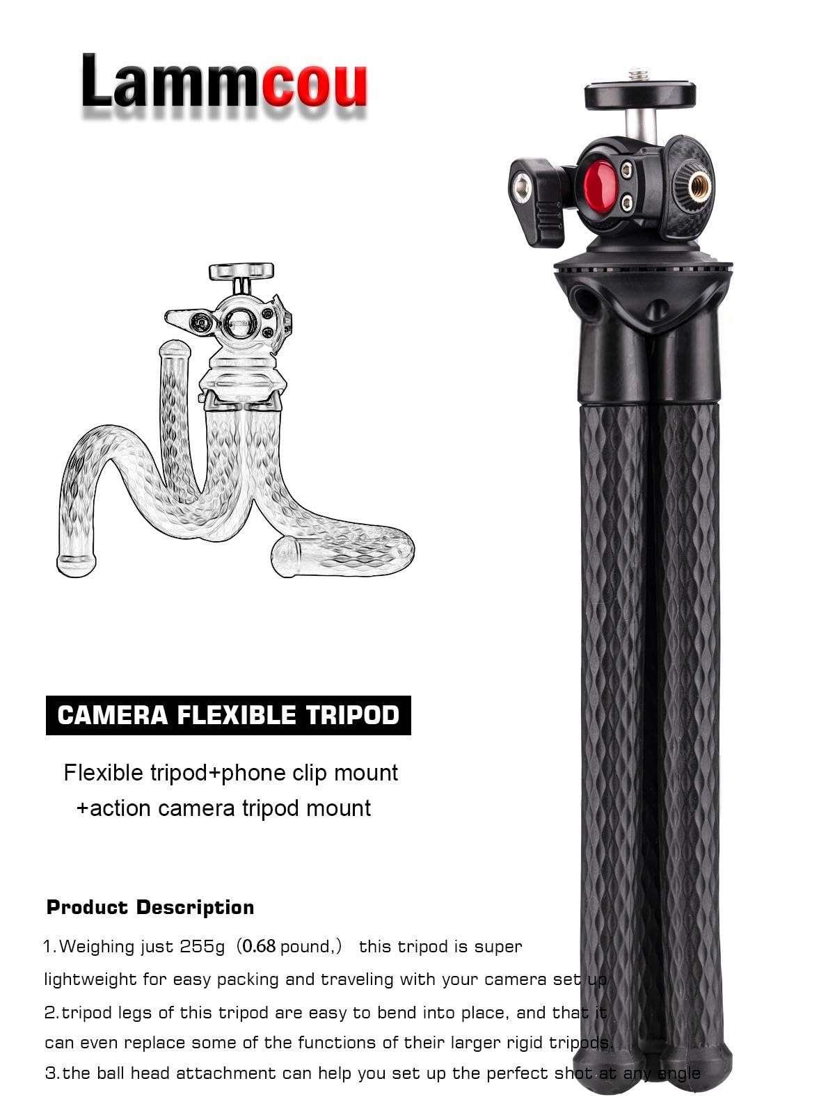 LAMMCOU Elastyczny Statyw Do Smartfona Z Adapterem GoPro I Uchwytami — miniatura 3