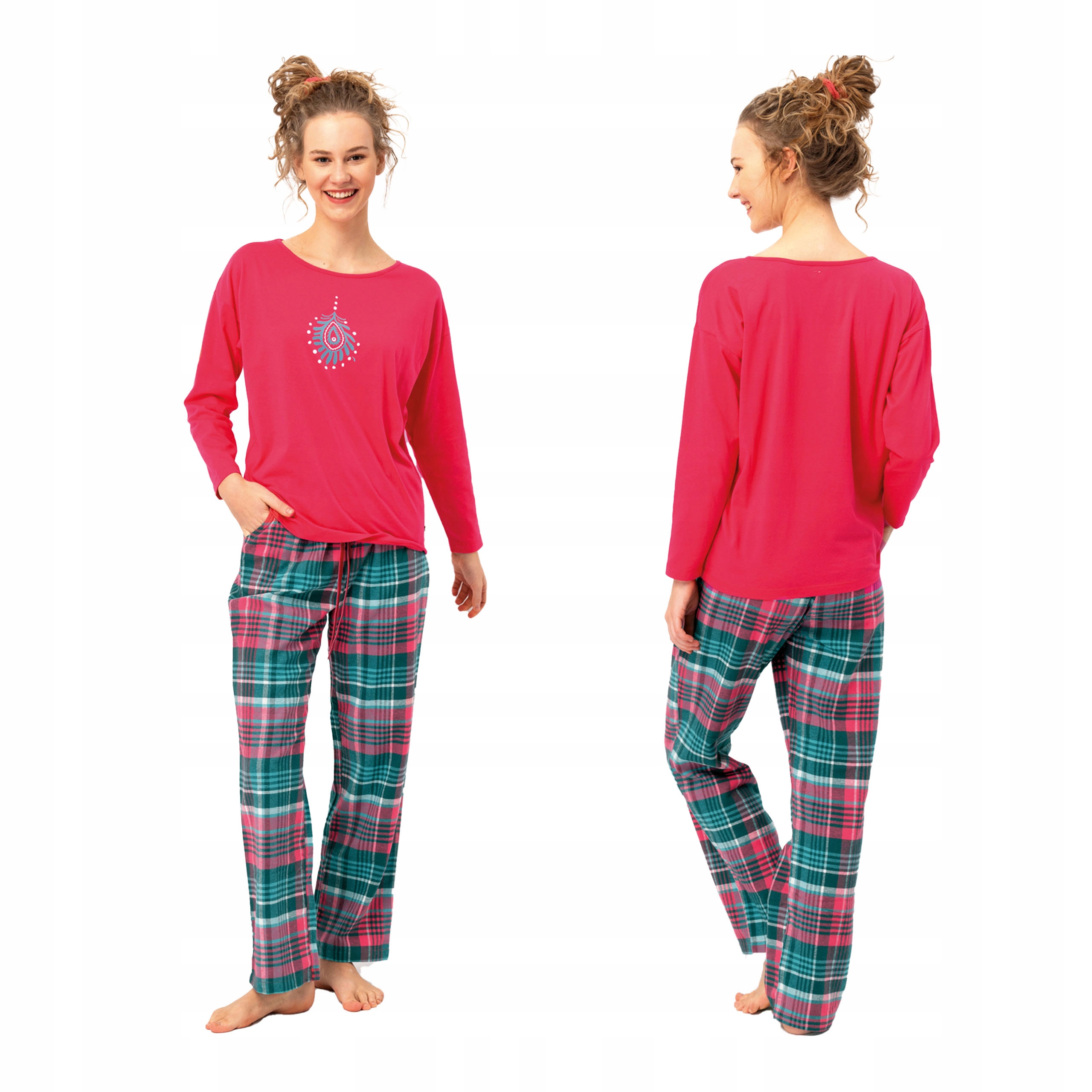 Dámské dvoudílné bavlněné flanelové pyžamo s dlouhým rukávem a kostkovaným vzorem Key S