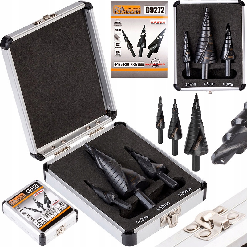 Wiertła Choinkowe Stopniowe Spiralne Stożkowe Do Metalu Blachy 4-32 MM 3SZT