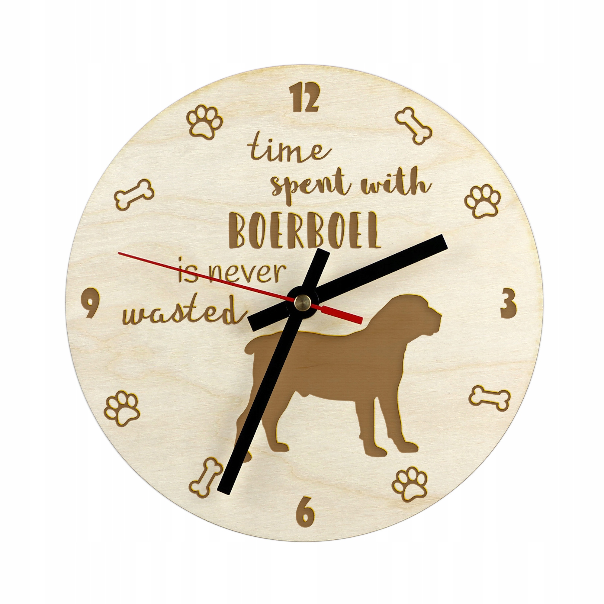 Boerboel gravírovaný hodinový stroj se psem, průměr 30 cm, jméno psa