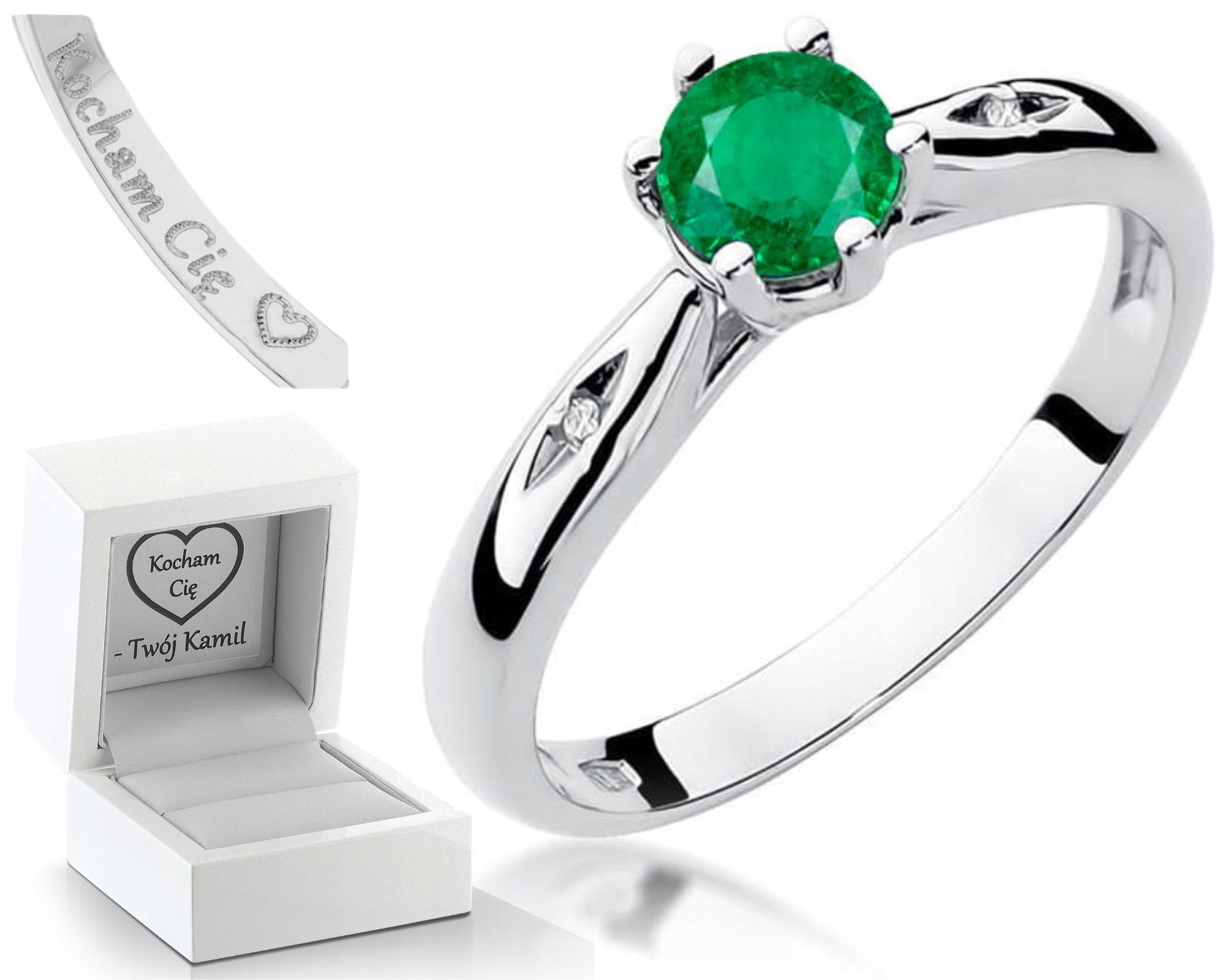 Bílý Zlatý Prstýnek S Diamantem A Smaragdem