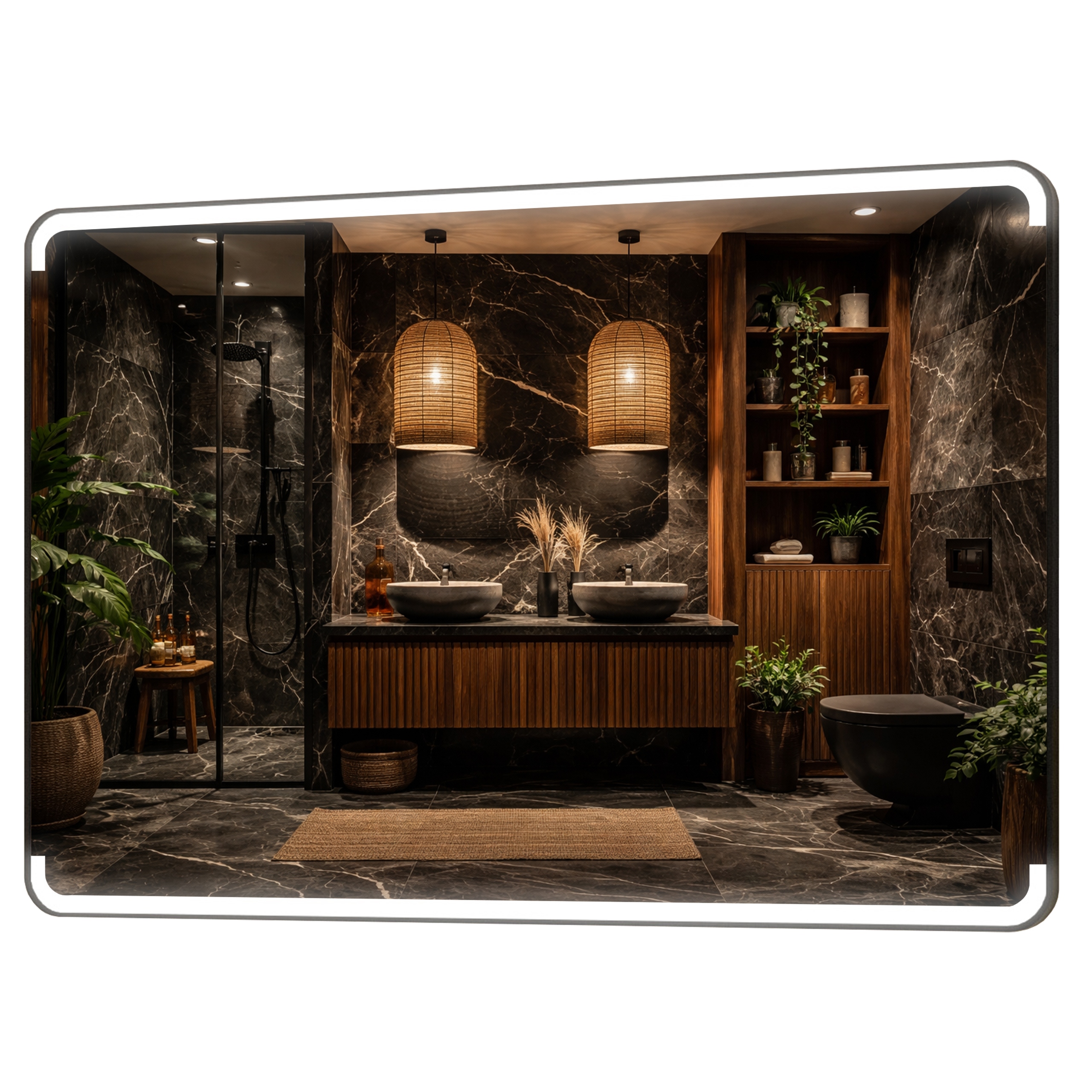 Obdĺžnikové Zrkadlo Zaoblené 70x50 Hliníkový Podsvietený Rám Loft