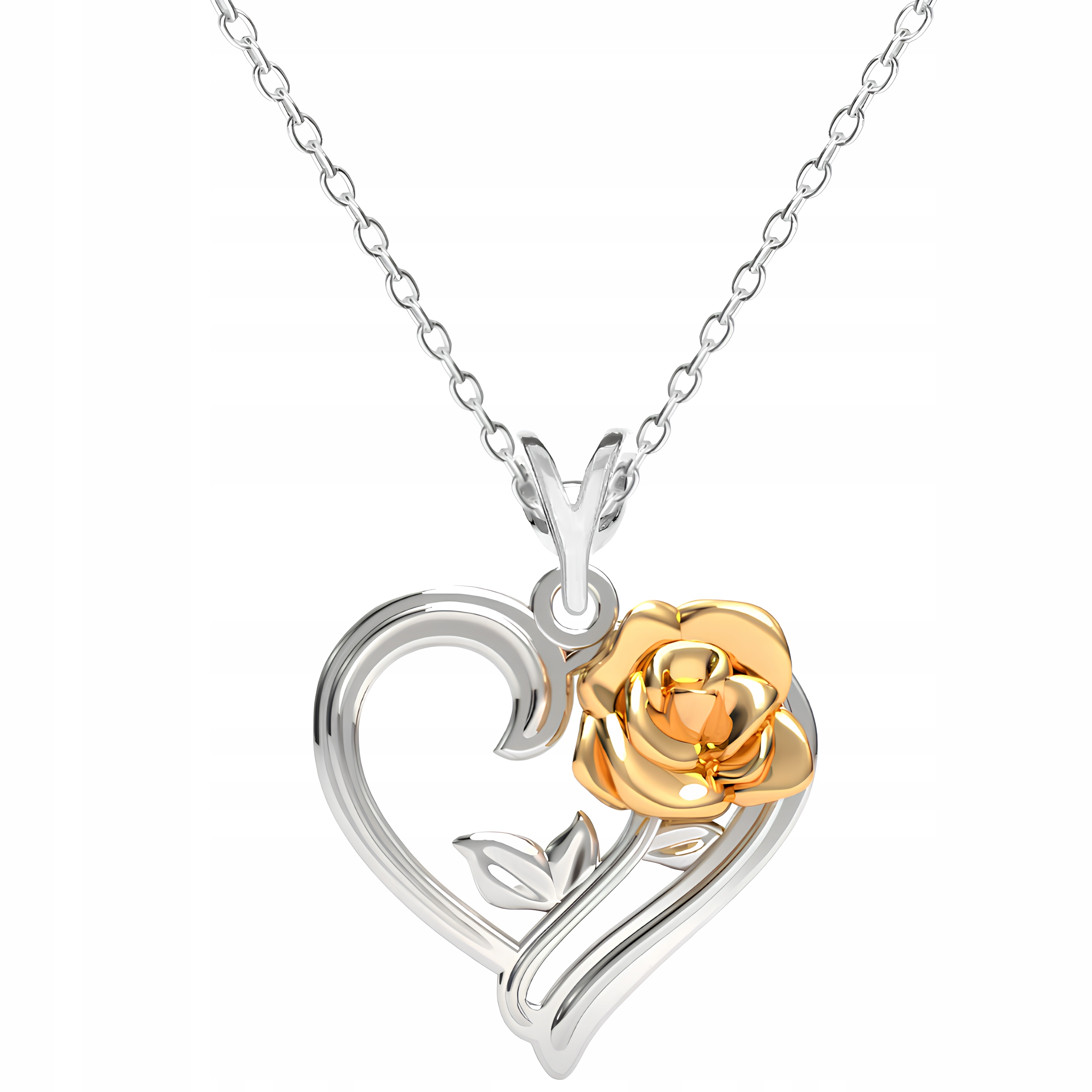 Stříbrný náhrdelník 925 Srdce s pozlacenou růží Srdíčko Květina Zlatá růže