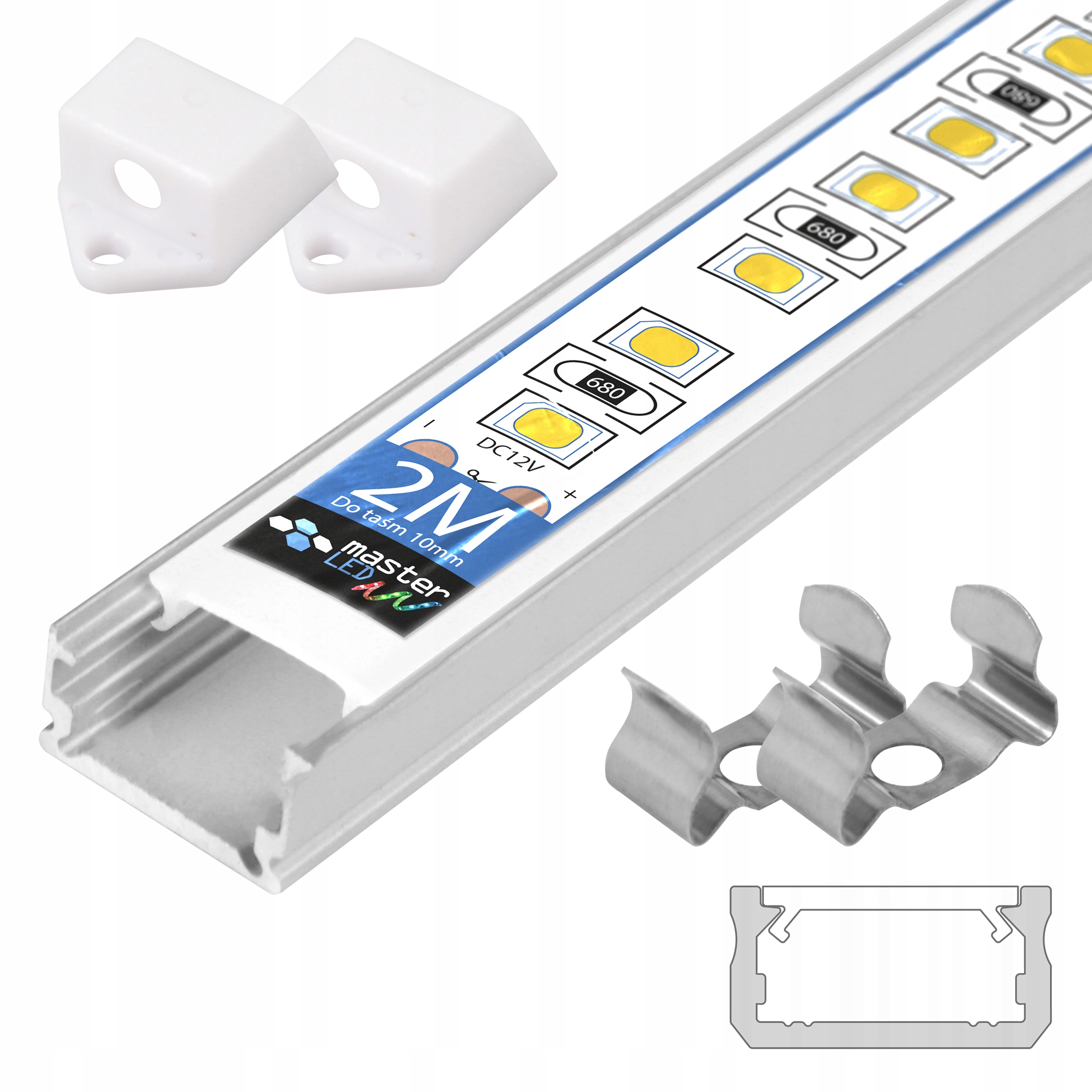 PROFIL LED Do TAŚMA aluminiowy + KLOSZ 2M zaślepka uchwyt