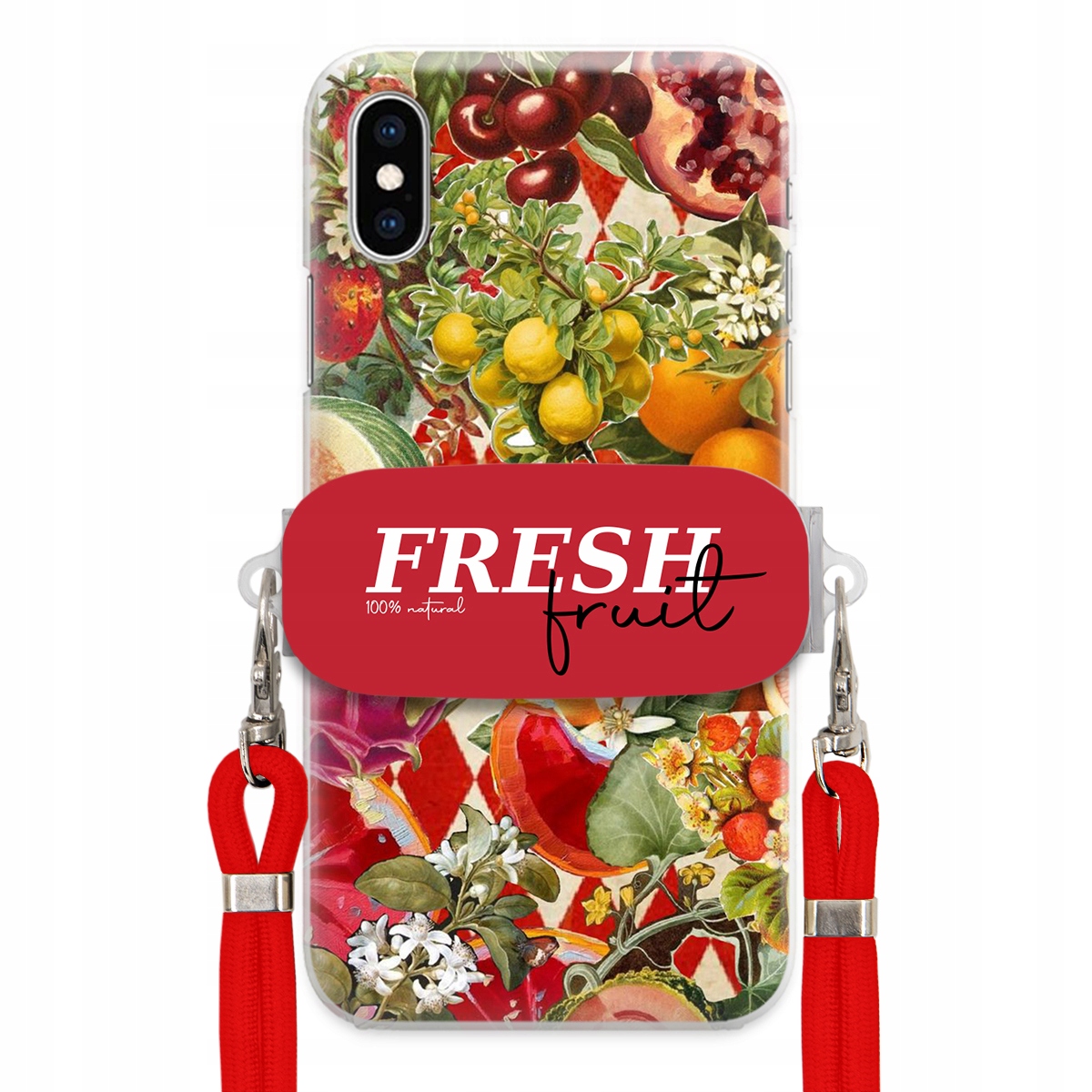 Puzdro pre iPHONE X Červené Crossbody vodítko držiak Fresh Fruit Ovocný