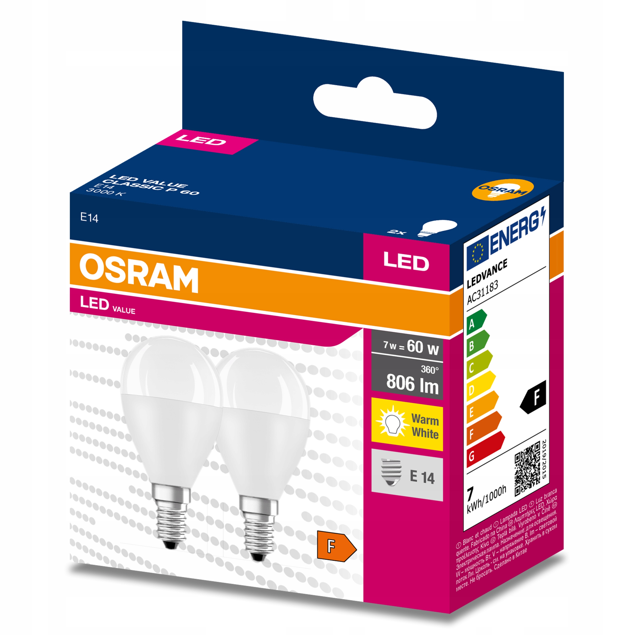 

2x Żarówka Led E14 Kulka 7W 60W 806lm 3000K Osram