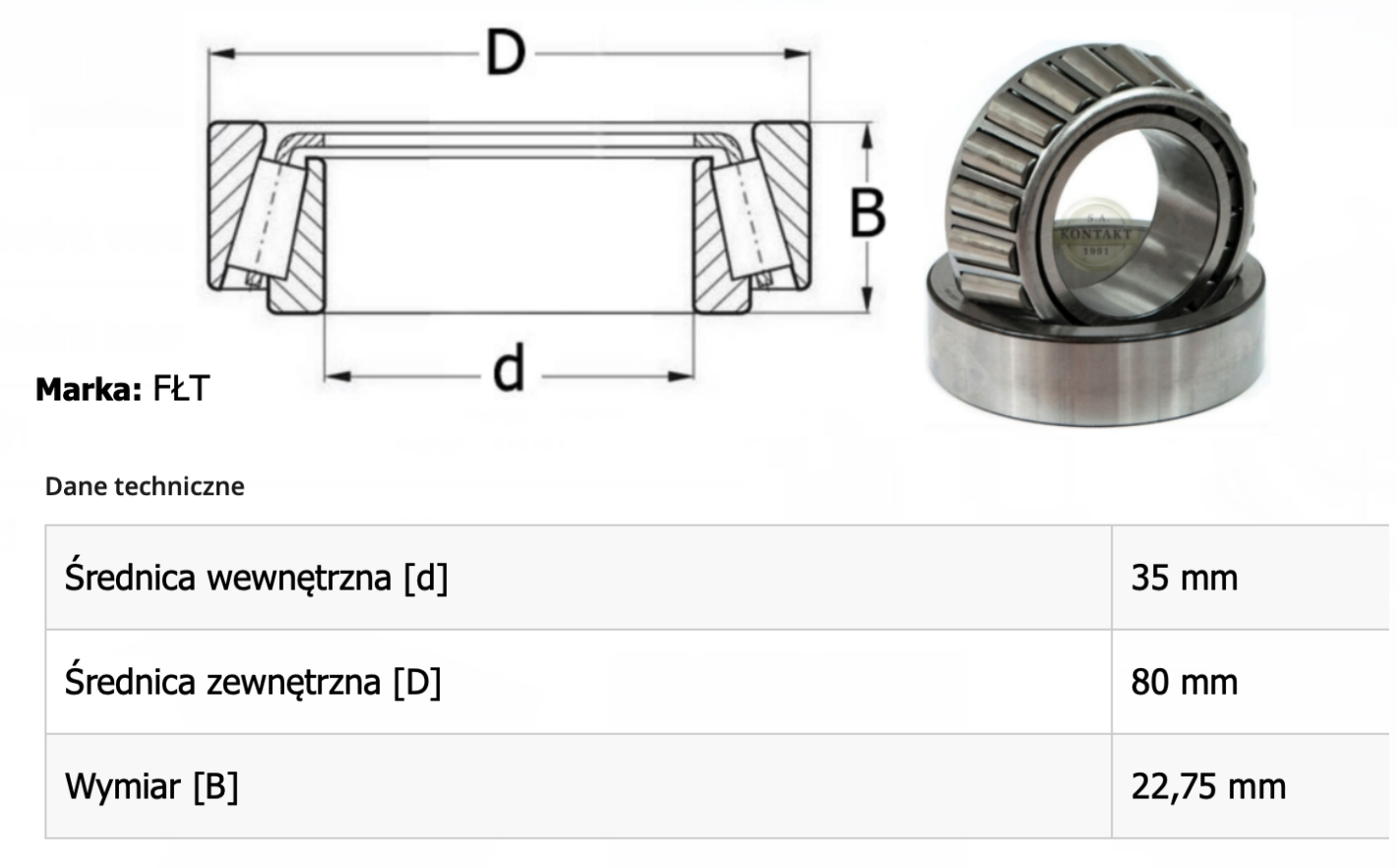 Łożysko stożkowe FŁT 30307 A Kod producenta .30307 A