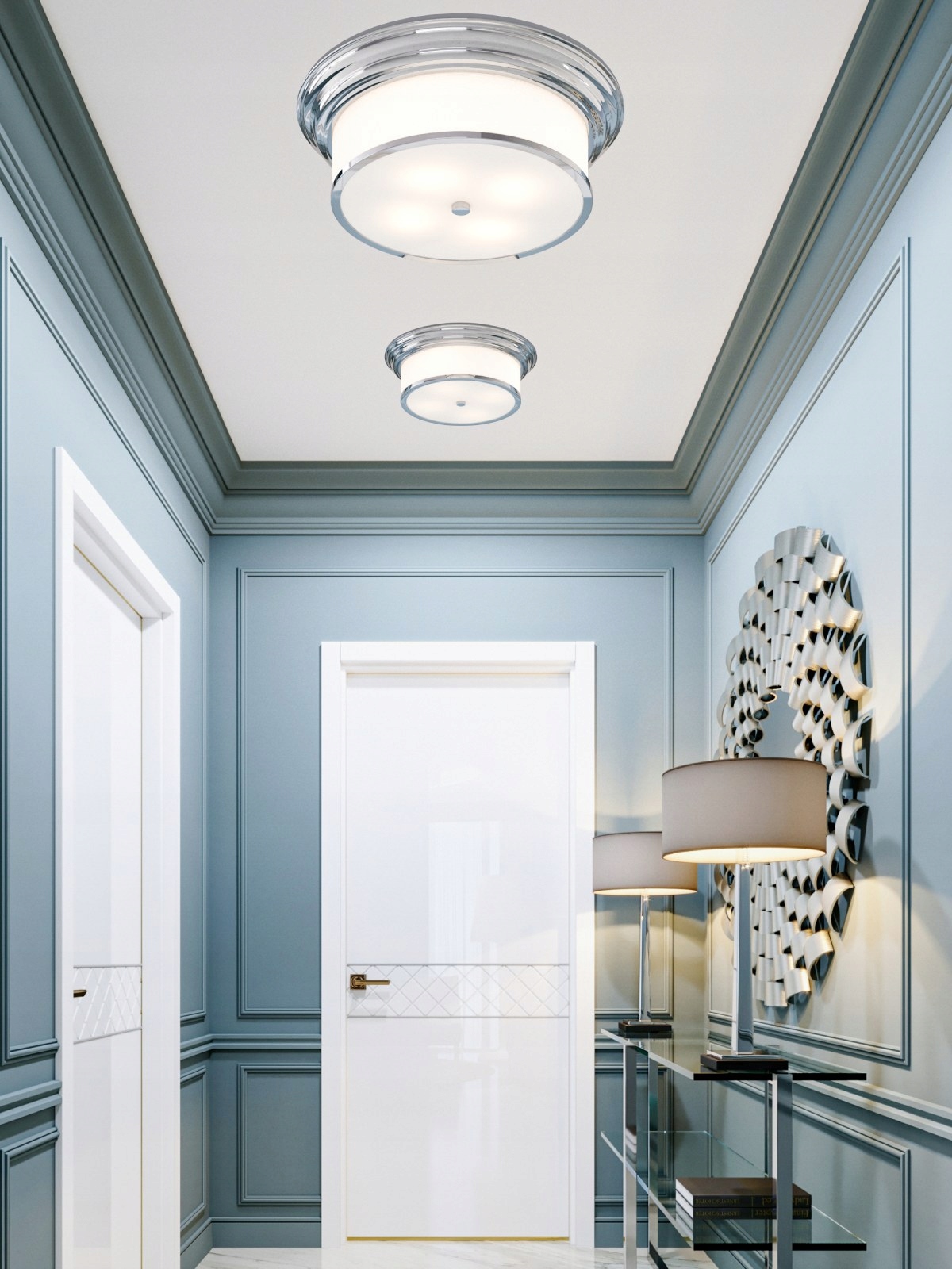 Chrómovaná lampa, matné sklo pozdĺž schodov chodby, tkanina Famburo