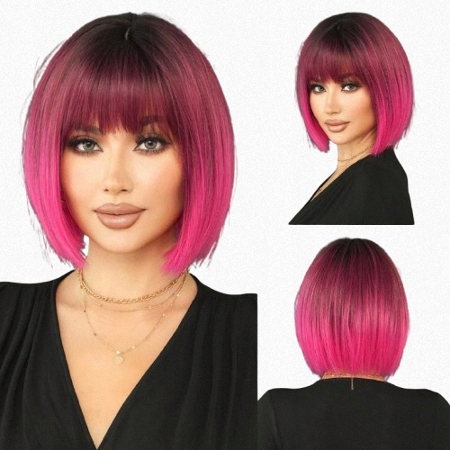 Dámská růžová paruka s krátkou ofinou až k ramenům, jednoduchý syntetický bob