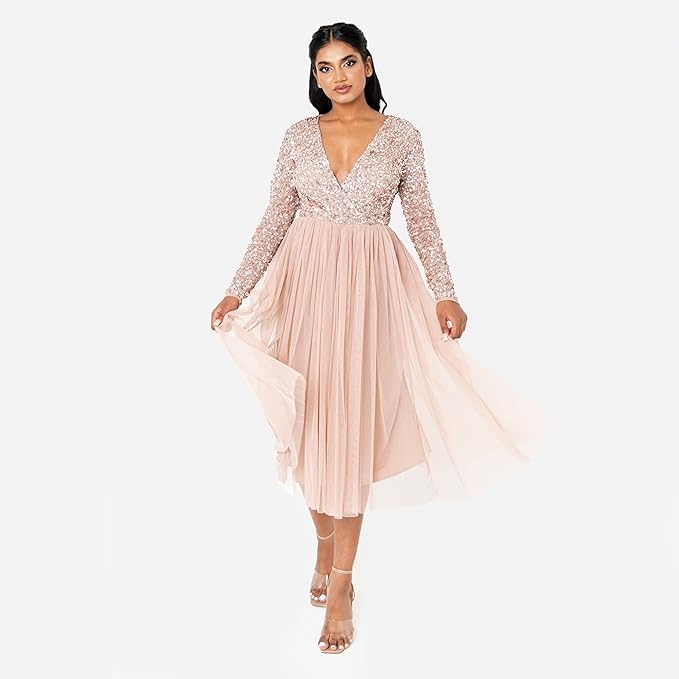 Maya Deluxe Šaty S Dlouhým Rukávem Růžová Flitry Plus Size 38 6EA