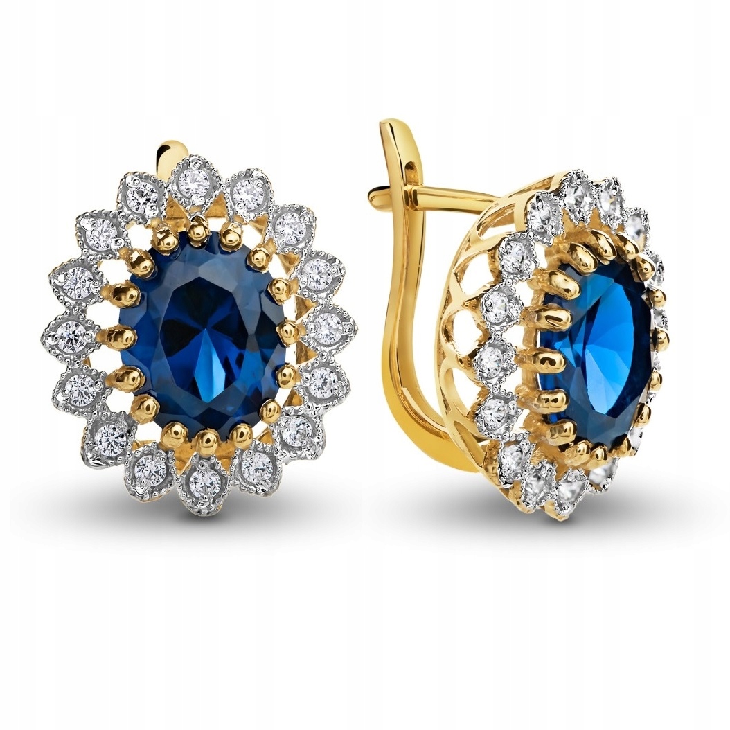 Duże Szafirowe Złote Kolczyki PR.333 Z Błyszczącymi Cyrkoniami 8K