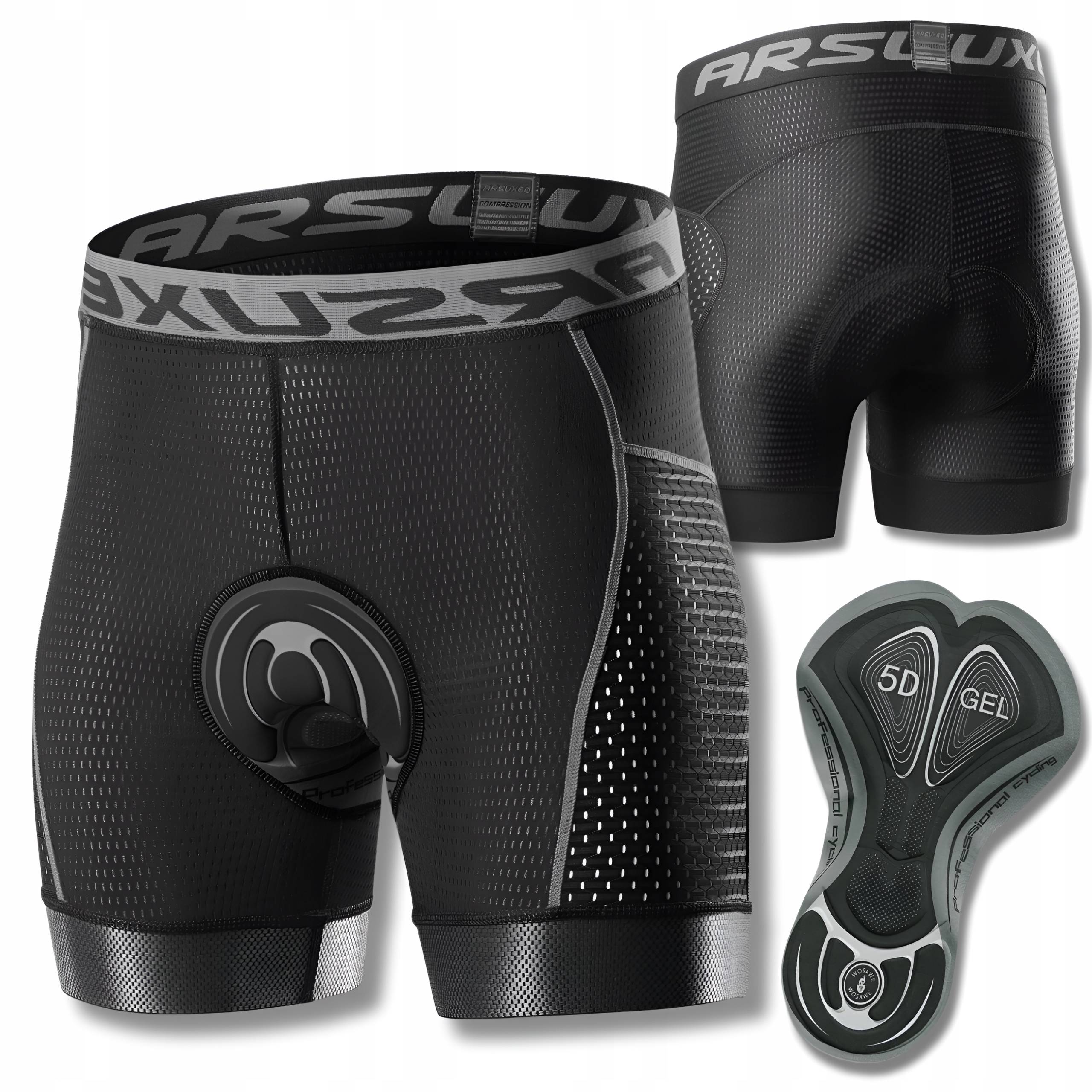 SPODENKI ROWEROWE Z WKŁADKĄ ŻELOWĄ ARSUXEO SPORTOWE MĘSKIE NA ROWER 5D XXL