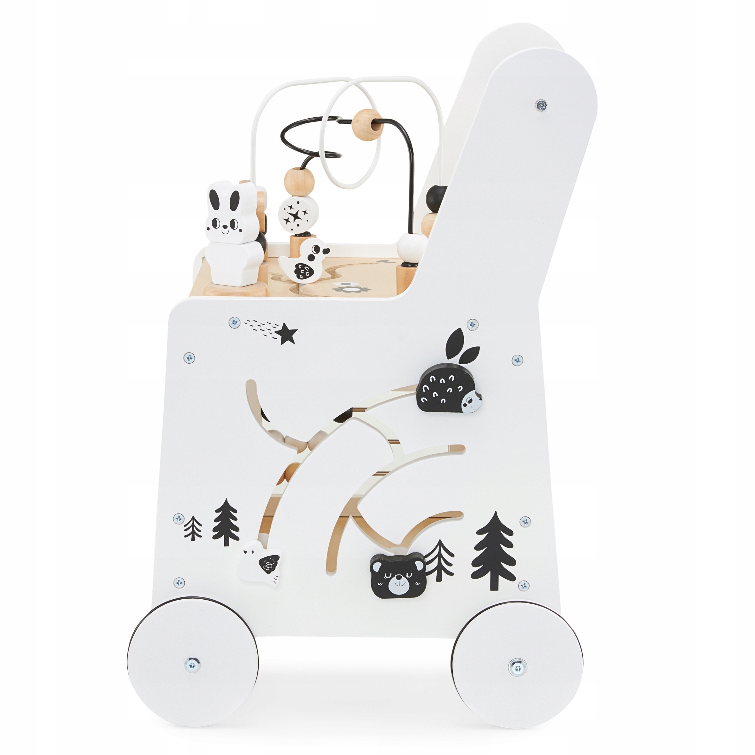 6 viename medinis vaikštynė kūdikiams su lavinamojo stalo funkcija. Informacija apie gaminio saugą ir atitiktį reikalavimams. Netinka vaikams iki tam tikro amžiaus. Naudoti prižiūrint suaugusiesiems. Netinka vaikams iki 36 mėnesių amžiaus.