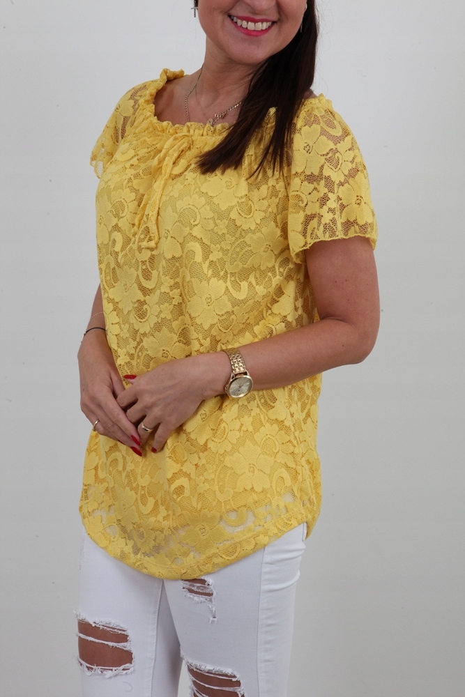 ŚLICZNA BLUZKA HISZPANKA FALBANY KORONKA KOLORY 38 Fason prosty