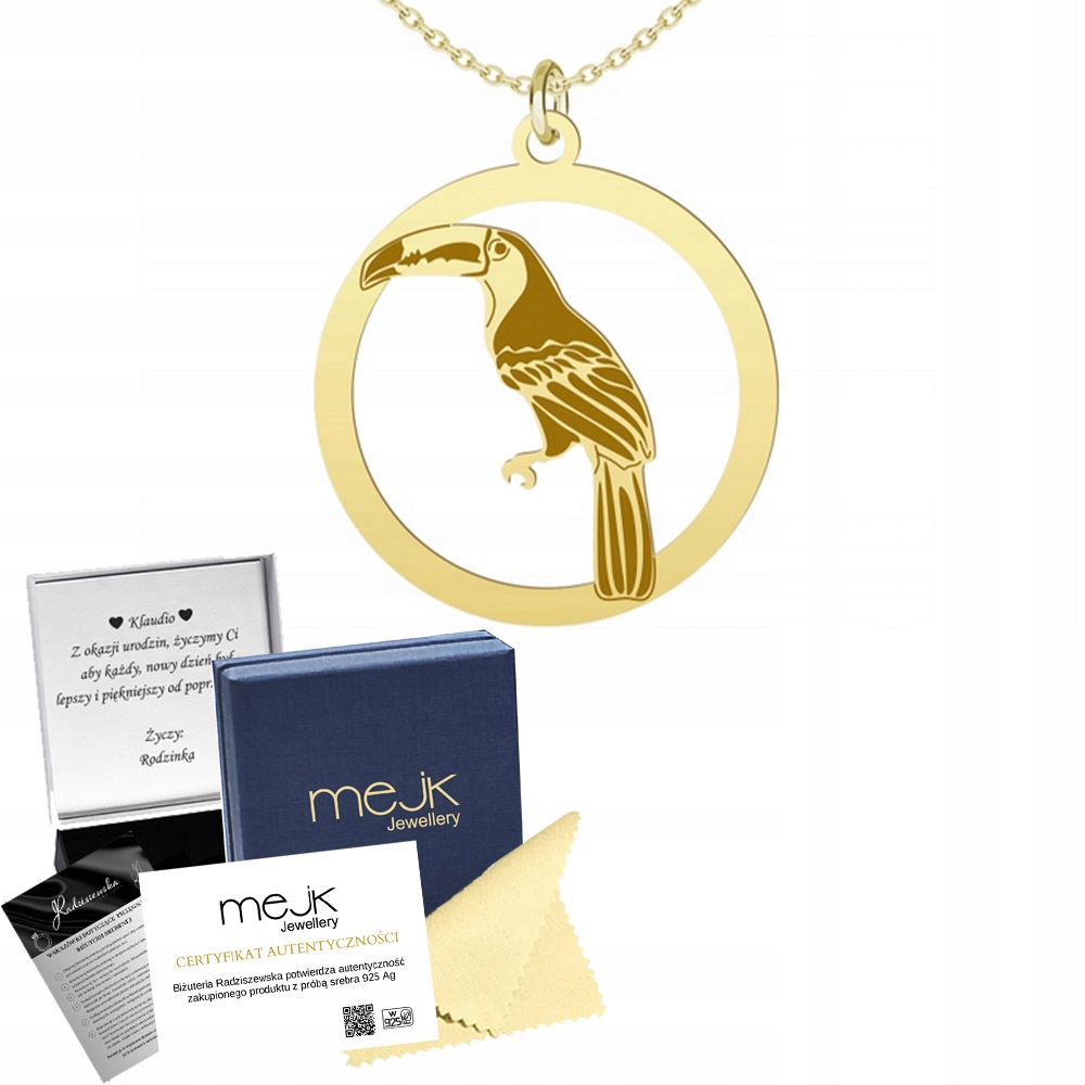 Zlatý náhrdelník s ptákem Tukan 925 Řetízek Žena Dárek Gravírování Bonus