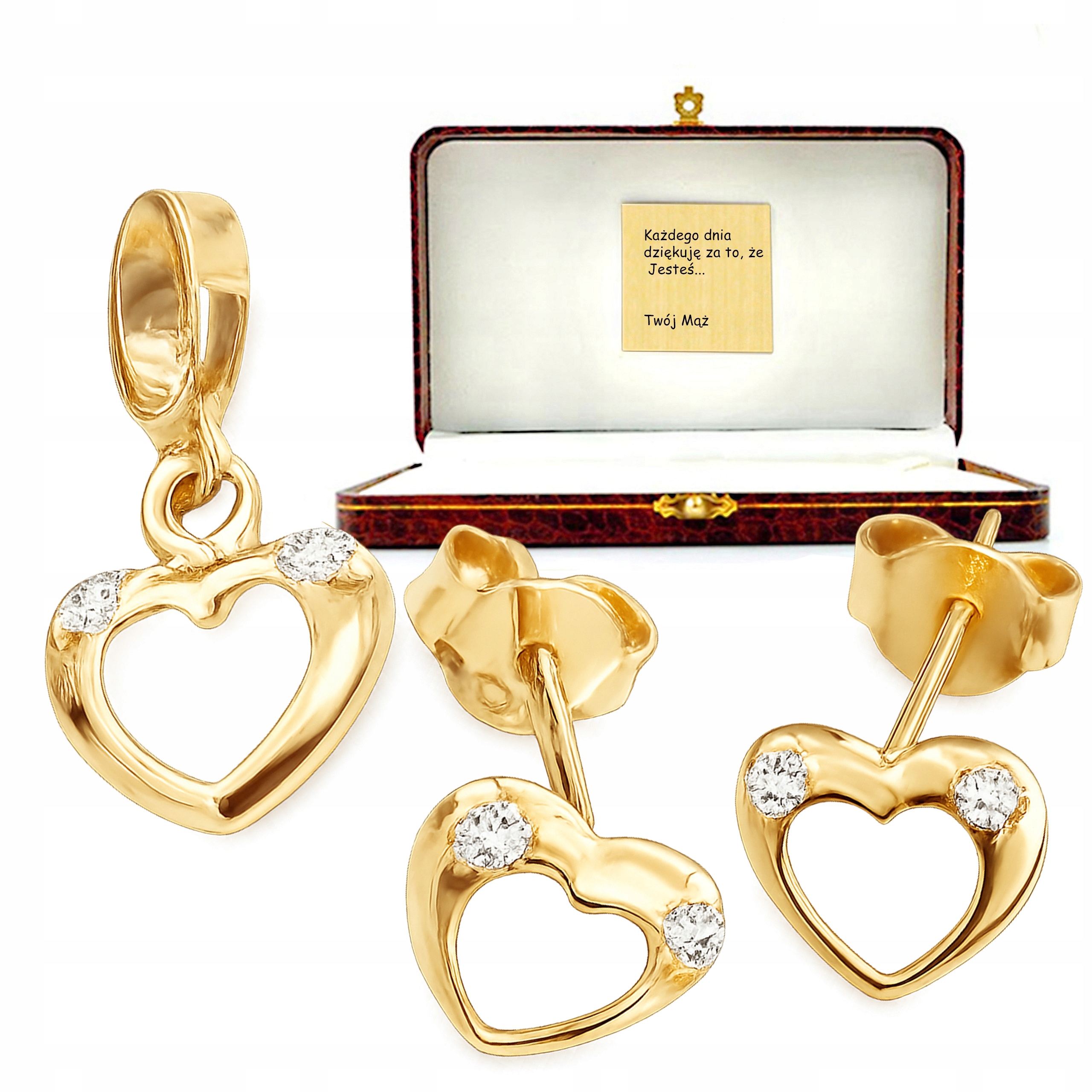 Zlatý komplet šperků 585 srdíčka srdíčka zirkony náušnice přívěsek 14k