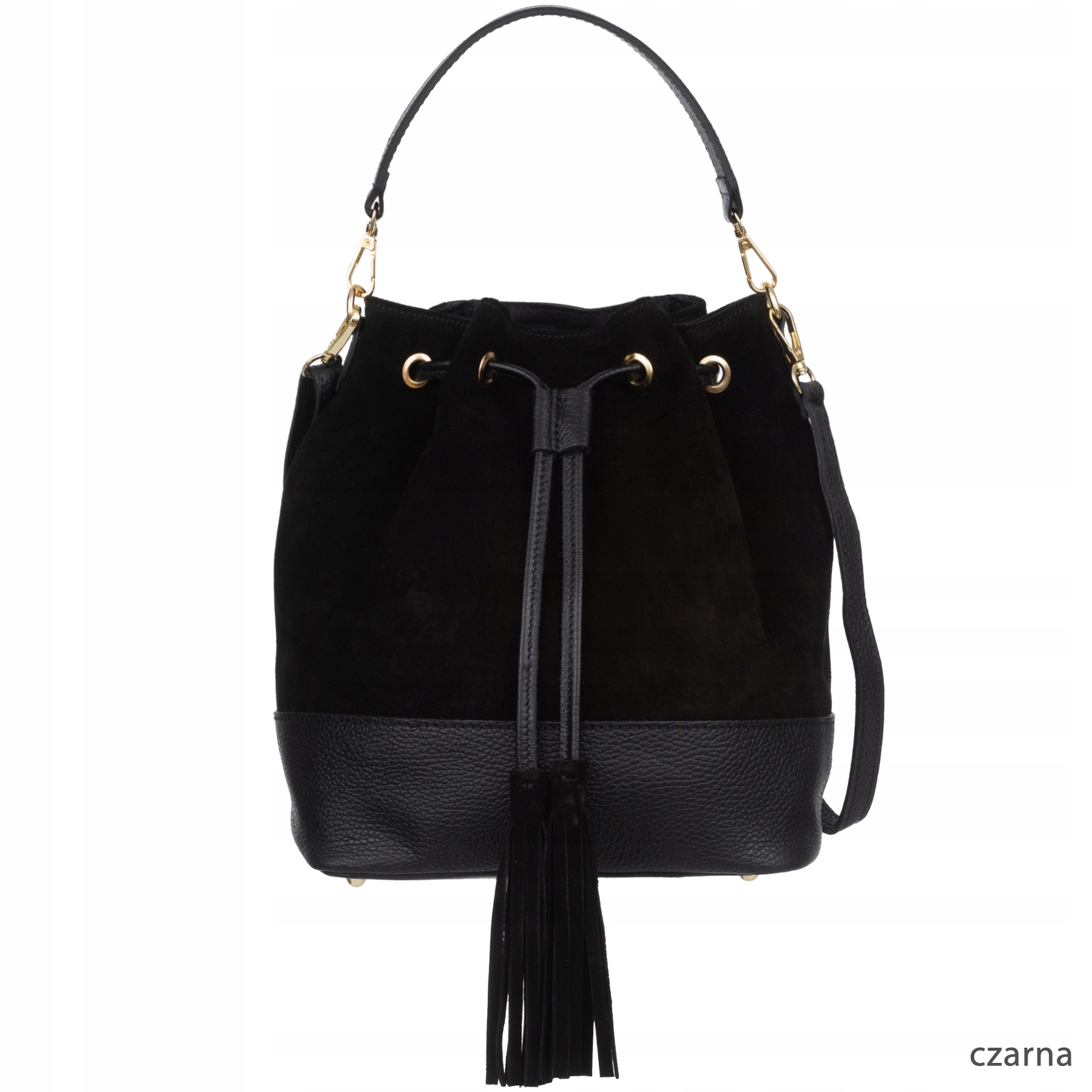 VERA PELLE torebka damska zamszowa kuferek z paskiem CZARNA Kolor okuć złoty