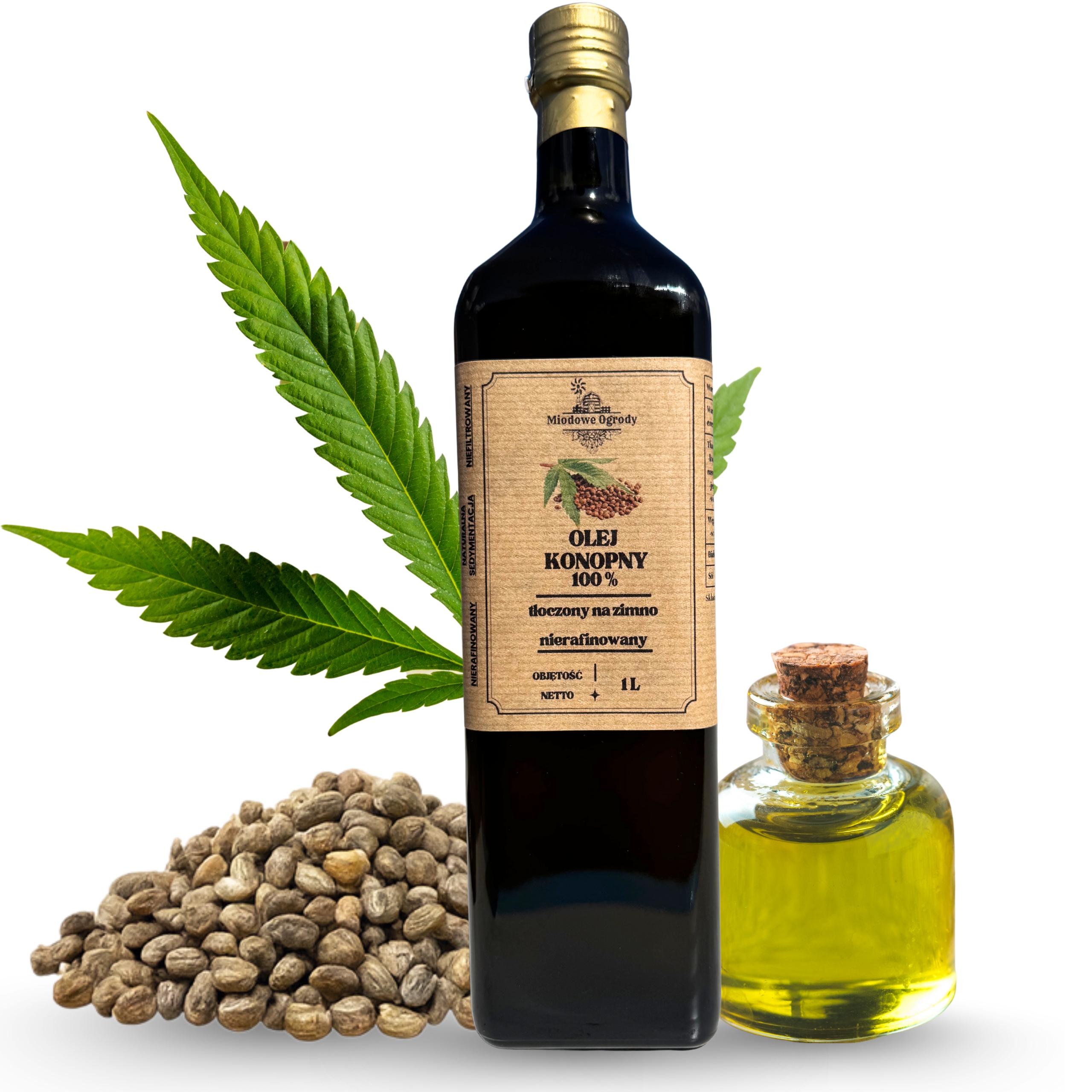 Levně Konopný olej 1000 ml Čerstvý lisovaný za studena Miodowe Ogrody Výrobce