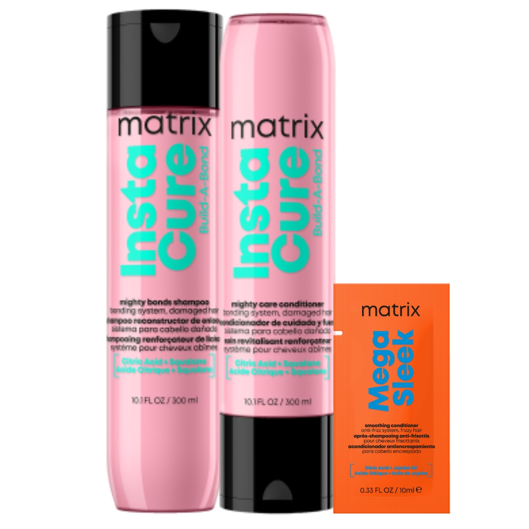 Instacure Build-A-Bond + Mega Sleek zestaw: szampon 300 ml + odżywka 300 ml + odżywka 10 ml