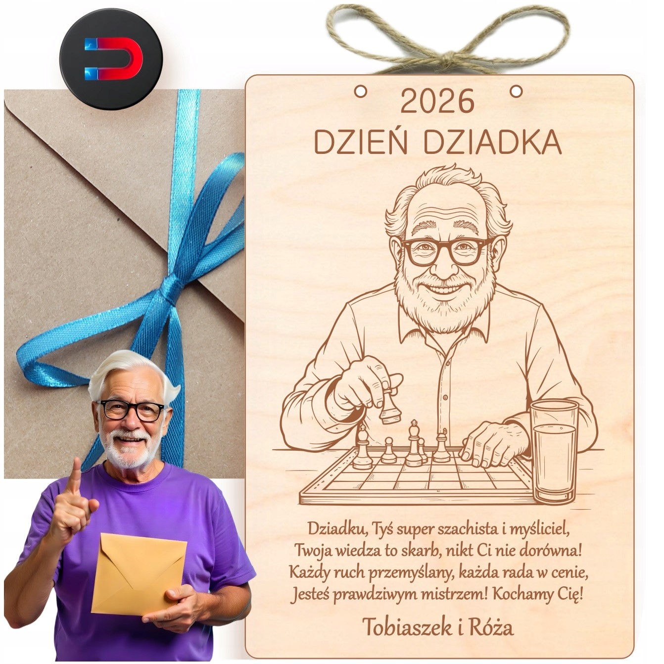 Dřevěná Kartička Gravírovaná Na Den Dědečka Magnet Personalizace Přání