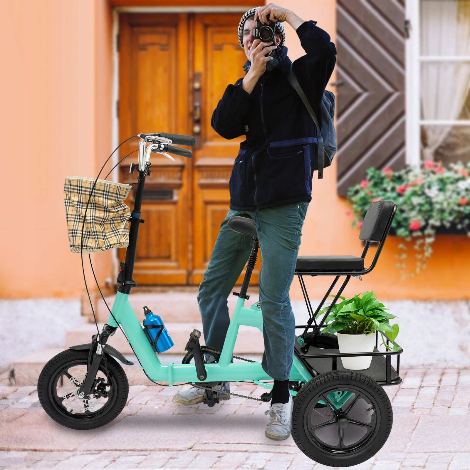 14-Calowy Rower Trójkołowy Składany Dla Dorosłych Cyjan Rowerek Z Koszyk Marka inna