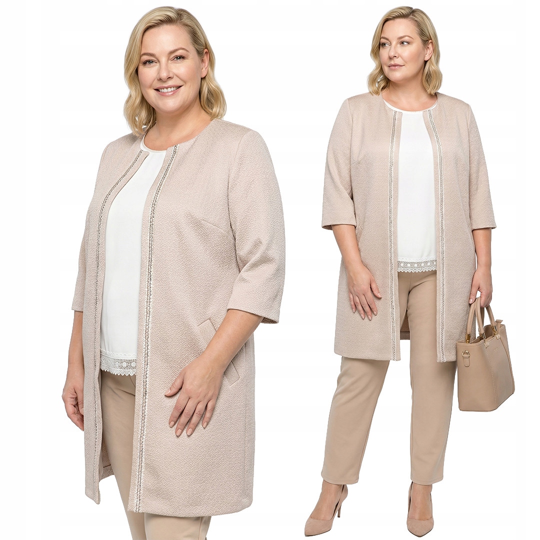 Béžový kabát s výšivkou plus size velikost 54