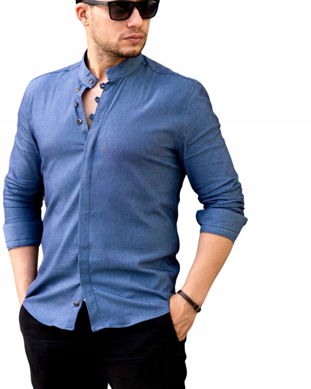 Pánská Košile Hladká Se Stojáčkem Modrá Jeans M