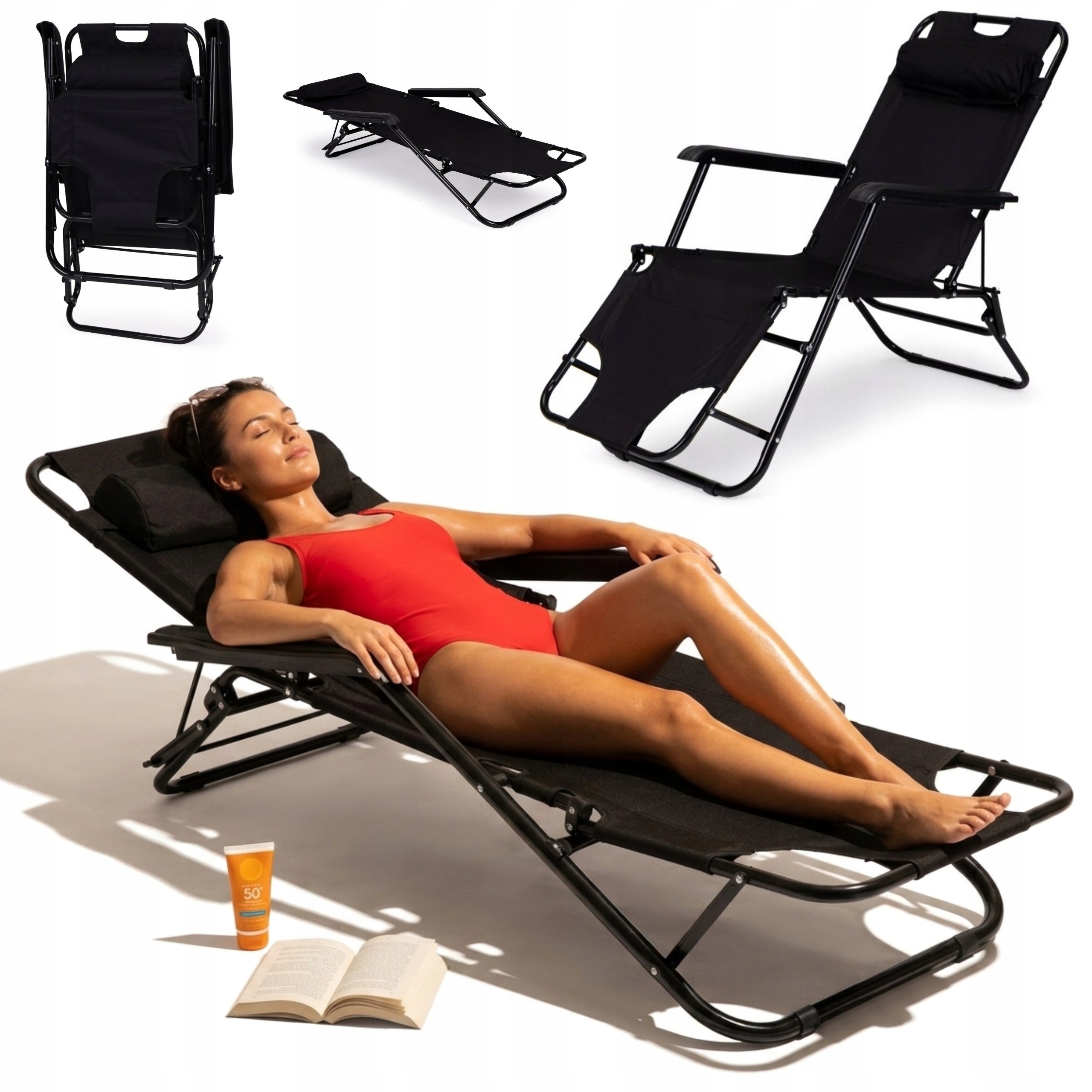 Leżak Ogrodowy Na Plażę Taras Leżanka Składana Z Zagłówkiem Fotel 2w1 150kg