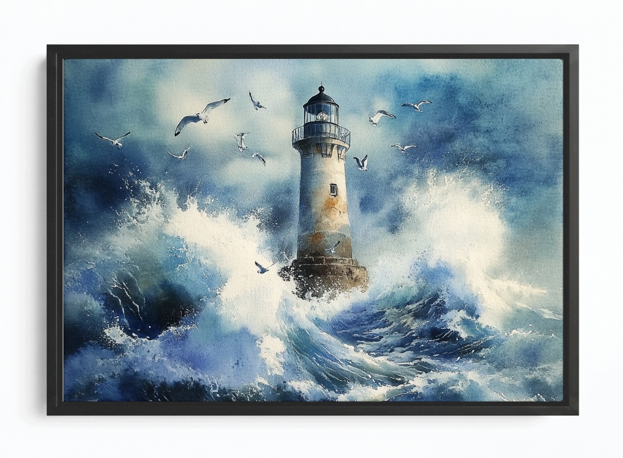 Obraz Rám Americký Box Maják Moře Voda Vlny Bouře Mewy 60x40