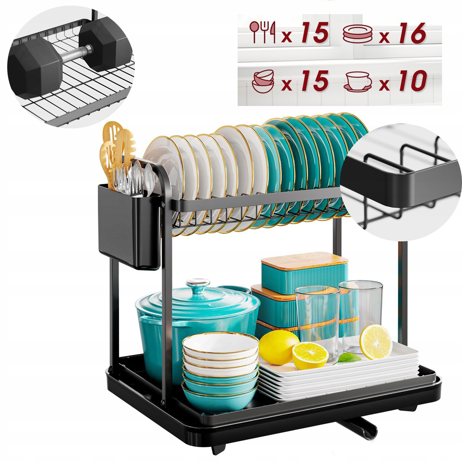 Levně Dvouvrstvý Stojanový Sušič Nádobí S Odkapem, Velký, Černý