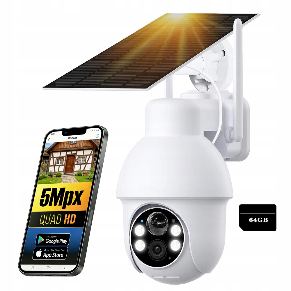 Wifi 5MP 2K venkovní otočná bezdrátová solární kamera s 64GB kartou