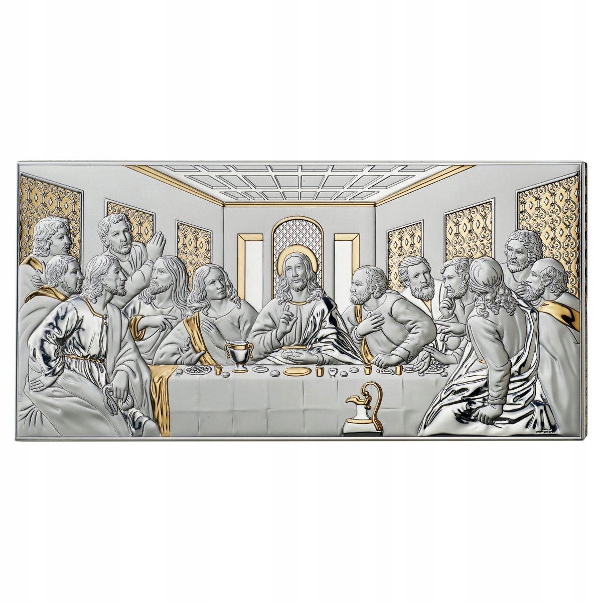Poslední Večeře obraz stříbrný zlacený s ozdobným okrajem 39x18 cm