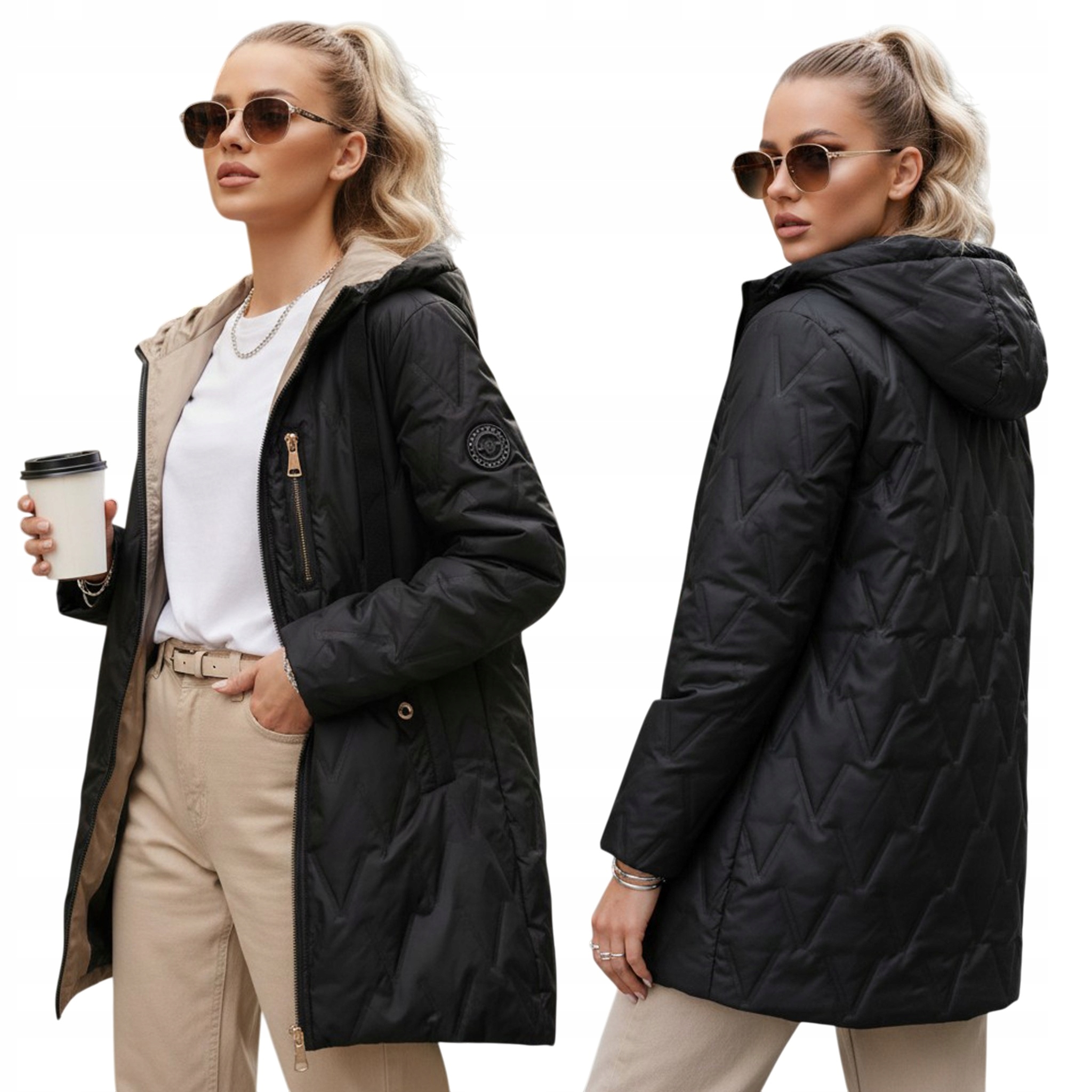 Kurtka damska przejściowa pikowana z kapturem czarna TY5562 S