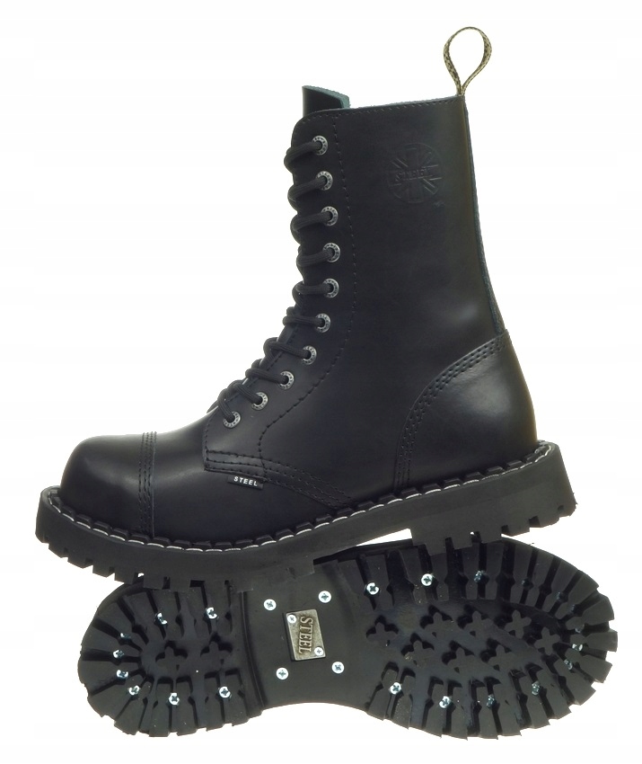 KULTOWE Wysokie Skórzane Glany STEEL Oryginal 10-dziur 49 Model STEEL 105/106