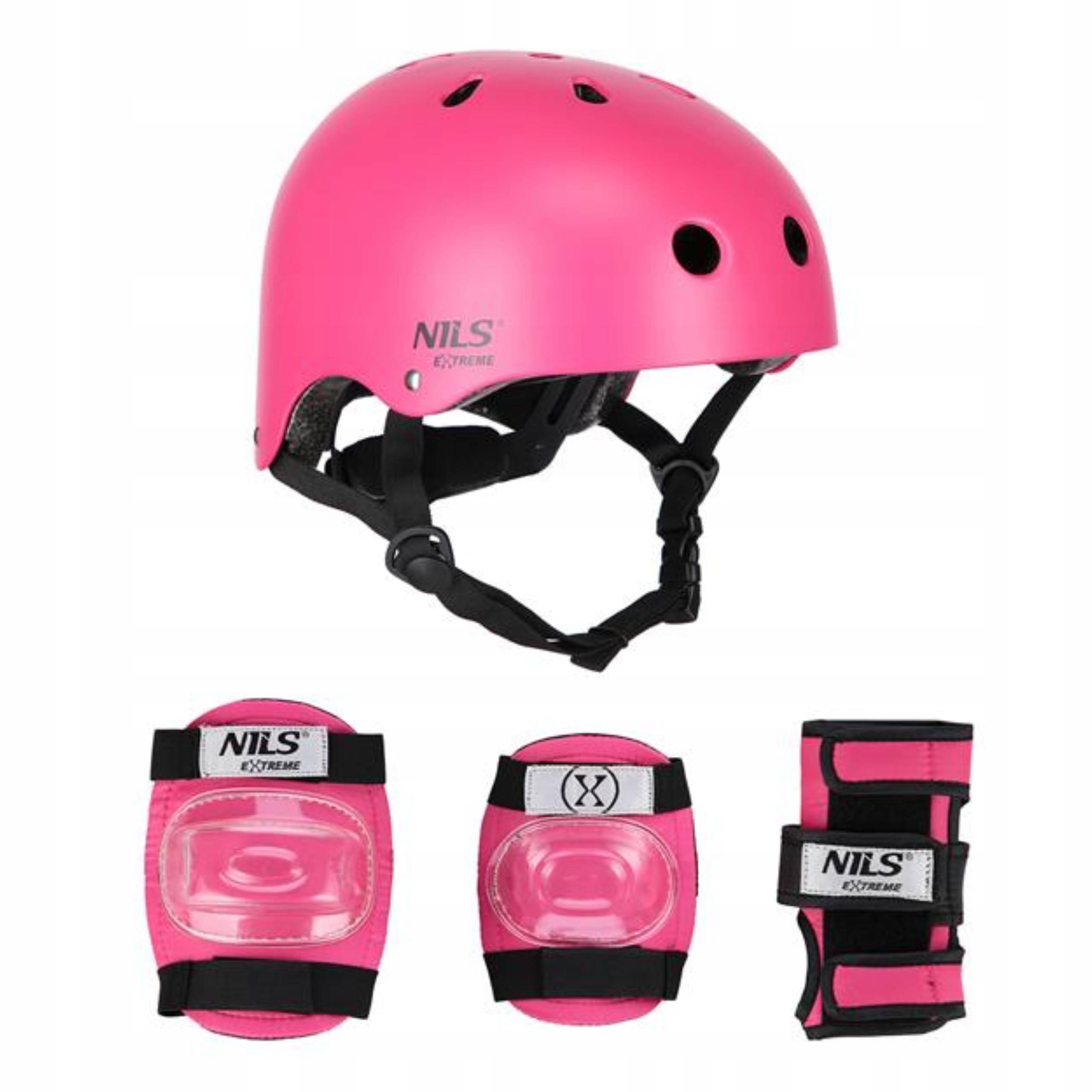 Helma s chrániči kolen, lokty a zápěstí vel M Nils růžová