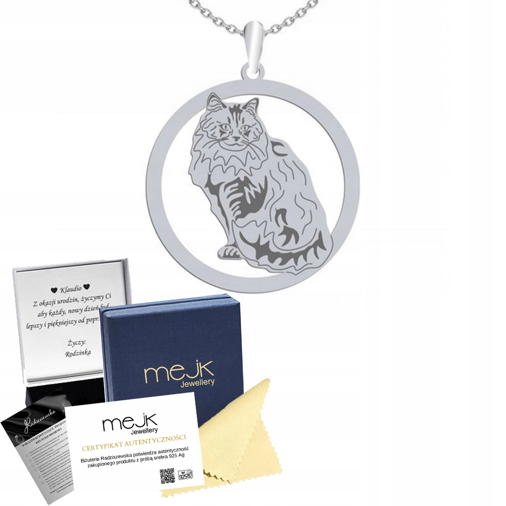 Stříbrný náhrdelník Norský lesní kocour 925 Řetízek Šperky Gravírování Bonus